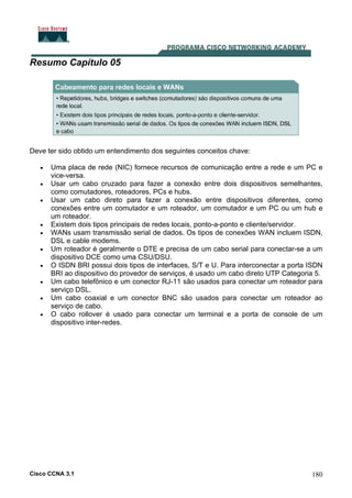 Cisco CCNA 3.1 180
Resumo Capítulo 05
Deve ter sido obtido um entendimento dos seguintes conceitos chave:
• Uma placa de rede (NIC) fornece recursos de comunicação entre a rede e um PC e
vice-versa.
• Usar um cabo cruzado para fazer a conexão entre dois dispositivos semelhantes,
como comutadores, roteadores, PCs e hubs.
• Usar um cabo direto para fazer a conexão entre dispositivos diferentes, como
conexões entre um comutador e um roteador, um comutador e um PC ou um hub e
um roteador.
• Existem dois tipos principais de redes locais, ponto-a-ponto e cliente/servidor.
• WANs usam transmissão serial de dados. Os tipos de conexões WAN incluem ISDN,
DSL e cable modems.
• Um roteador é geralmente o DTE e precisa de um cabo serial para conectar-se a um
dispositivo DCE como uma CSU/DSU.
• O ISDN BRI possui dois tipos de interfaces, S/T e U. Para interconectar a porta ISDN
BRI ao dispositivo do provedor de serviços, é usado um cabo direto UTP Categoria 5.
• Um cabo telefônico e um conector RJ-11 são usados para conectar um roteador para
serviço DSL.
• Um cabo coaxial e um conector BNC são usados para conectar um roteador ao
serviço de cabo.
• O cabo rollover é usado para conectar um terminal e a porta de console de um
dispositivo inter-redes.
 