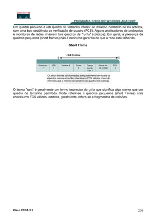Cisco CCNA 3.1 208
Um quadro pequeno é um quadro de tamanho inferior ao máximo permitido de 64 octetos,
com uma boa seqüência de verificação de quadro (FCS). Alguns analisadores de protocolos
e monitores de redes chamam tais quadros de "runts" (cotocos). Em geral, a presença de
quadros pequenos (short frames) não é nenhuma garantia de que a rede está falhando.
Short Frame
O termo "runt" é geralmente um termo impreciso da gíria que significa algo menor que um
quadro de tamanho permitido. Pode referir-se a quadros pequenos (short frames) com
checksums FCS válidos, embora, geralmente, refere-se a fragmentos de colisões.
 