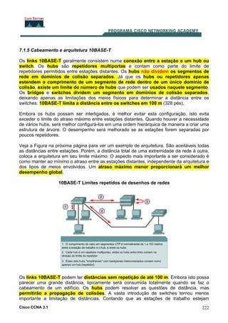 Cisco CCNA 3.1 222
7.1.5 Cabeamento e arquitetura 10BASE-T
Os links 10BASE-T geralmente consistem numa conexão entre a estação e um hub ou
switch. Os hubs são repetidores multiportas e contam como parte do limite de
repetidores permitidos entre estações distantes. Os hubs não dividem os segmentos de
rede em domínios de colisão separados. Já que os hubs ou repetidores apenas
estendem o comprimento de um segmento de rede dentro de um único domínio de
colisão, existe um limite do número de hubs que podem ser usados naquele segmento.
Os bridges e switches dividem um segmento em domínios de colisão separados,
deixando apenas as limitações dos meios físicos para determinar a distância entre os
switches. 10BASE-T limita a distância entre os switches em 100 m (328 pés).
Embora os hubs possam ser interligados, é melhor evitar esta configuração. Isto evita
exceder o limite do atraso máximo entre estações distantes. Quando houver a necessidade
de vários hubs, será melhor configurá-los em uma ordem hierárquica de maneira a criar uma
estrutura de árvore. O desempenho será melhorado se as estações forem separadas por
poucos repetidores.
Veja a Figura na próxima página para ver um exemplo de arquitetura. São aceitáveis todas
as distâncias entre estações. Porém, a distância total de uma extremidade da rede à outra,
coloca a arquitetura em seu limite máximo. O aspecto mais importante a ser considerado é
como manter ao mínimo o atraso entre as estações distantes, independente da arquitetura e
dos tipos de meios envolvidos. Um atraso máximo menor proporcionará um melhor
desempenho global.
10BASE-T Limites repetidos de desenhos de redes
Os links 10BASE-T podem ter distâncias sem repetição de até 100 m. Embora isto possa
parecer uma grande distância, tipicamente será consumida totalmente quando se faz o
cabeamento de um edifício. Os hubs podem resolver as questões de distância, mas
permitirão a propagação de colisões. A vasta introdução de switches tornou menos
importante a limitação de distâncias. Contando que as estações de trabalho estejam
 