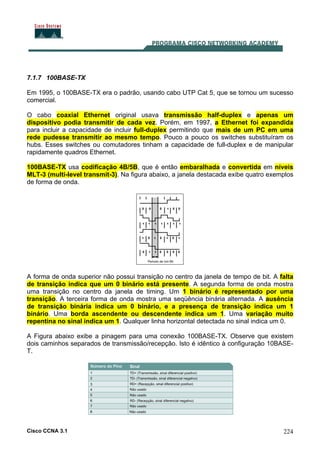 Cisco CCNA 3.1 224
7.1.7 100BASE-TX
Em 1995, o 100BASE-TX era o padrão, usando cabo UTP Cat 5, que se tornou um sucesso
comercial.
O cabo coaxial Ethernet original usava transmissão half-duplex e apenas um
dispositivo podia transmitir de cada vez. Porém, em 1997, a Ethernet foi expandida
para incluir a capacidade de incluir full-duplex permitindo que mais de um PC em uma
rede pudesse transmitir ao mesmo tempo. Pouco a pouco os switches substituíram os
hubs. Esses switches ou comutadores tinham a capacidade de full-duplex e de manipular
rapidamente quadros Ethernet.
100BASE-TX usa codificação 4B/5B, que é então embaralhada e convertida em níveis
MLT-3 (multi-level transmit-3). Na figura abaixo, a janela destacada exibe quatro exemplos
de forma de onda.
A forma de onda superior não possui transição no centro da janela de tempo de bit. A falta
de transição indica que um 0 binário está presente. A segunda forma de onda mostra
uma transição no centro da janela de timing. Um 1 binário é representado por uma
transição. A terceira forma de onda mostra uma seqüência binária alternada. A ausência
de transição binária indica um 0 binário, e a presença de transição indica um 1
binário. Uma borda ascendente ou descendente indica um 1. Uma variação muito
repentina no sinal indica um 1. Qualquer linha horizontal detectada no sinal indica um 0.
A Figura abaixo exibe a pinagem para uma conexão 100BASE-TX. Observe que existem
dois caminhos separados de transmissão/recepção. Isto é idêntico à configuração 10BASE-
T.
 