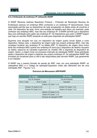 Cisco CCNA 3.1 302
9.3.3 Atribuição de endereço IP utilizando RARP
O RARP (Reverse Address Resolution Protocol – Protocolo de Resolução Reversa de
Endereços) associa um endereço MAC conhecido a um endereço IP desconhecido. Essa
associação permite que os dispositivos de rede encapsulem os dados antes de enviá-los à
rede. Um dispositivo de rede, como uma estação de trabalho sem disco, por exemplo, pode
conhecer seu endereço MAC, mas não seu endereço IP. O RARP permite que o dispositivo
faça uma solicitação para saber seu endereço IP. Os dispositivos que usam o RARP exigem
que haja um servidor RARP presente na rede para responder às solicitações RARP.
Suponha uma situação em que um dispositivo de origem queira enviar dados a outro
dispositivo. Nesse caso, o dispositivo de origem sabe seu próprio endereço MAC, mas não
consegue localizar seu endereço IP na tabela ARP. O dispositivo de origem deve incluir
tanto seu endereço MAC quanto seu endereço IP para que o dispositivo de destino recupere
os dados, passe-os às camadas superiores do modelo OSI e responda ao dispositivo de
origem. Assim, a origem inicia um processo chamado de solicitação RARP. Essa solicitação
ajuda o dispositivo de origem a detectar seu próprio endereço IP. As solicitações RARP são
enviadas por broadcast para a LAN e são respondidas pelo servidor RARP, que geralmente
é um roteador.
O RARP usa o mesmo formato de pacote do ARP, mas, em uma solicitação RARP, os
cabeçalhos MAC e o "código de operação"(operation code) são diferentes dos de uma
solicitação ARP. Figuras 1 e 2.
Estrutura de Mensagem ARP/RARP
 