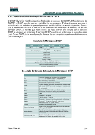 Cisco CCNA 3.1 314
9.3.5 Gerenciamento de endereços IP com uso de DHCP
O DHCP (Dynamic Host Configuration Protocol) é o sucessor do BOOTP. Diferentemente do
BOOTP, o DHCP permite que um host obtenha um endereço IP dinamicamente sem que o
administrador da rede tenha que configurar um perfil individual para cada dispositivo. Tudo o
que é necessário ao usar o DHCP é um intervalo de endereços IP definido IP em um
servidor DHCP. À medida que ficam online, os hosts entram em contato com o servidor
DHCP e solicitam um endereço. O servidor DHCP escolhe um endereço e o concede a esse
host. Com o DHCP, toda a configuração de rede de um computador pode ser obtida em uma
única mensagem.
Estrutura de Mensagens DHCP
Descrição de Campos da Estrutura da Mensagem DHCP
 