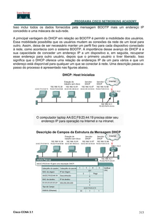Cisco CCNA 3.1 315
Isso inclui todos os dados fornecidos pela mensagem BOOTP mais um endereço IP
concedido e uma máscara de sub-rede.
A principal vantagem do DHCP em relação ao BOOTP é permitir a mobilidade dos usuários.
Essa mobilidade possibilita que os usuários mudem as conexões da rede de um local para
outro. Assim, deixa de ser necessário manter um perfil fixo para cada dispositivo conectado
à rede, como acontecia com o sistema BOOTP. A importância desse avanço do DHCP é a
sua capacidade de conceder um endereço IP a um dispositivo e, em seguida, recuperar
esse endereço para outro usuário, depois que o primeiro usuário o tiver liberado. Isso
significa que o DHCP oferece uma relação de endereços IP de um para vários e que um
endereço está disponível para qualquer um que se conectar à rede. Uma descrição passo-a-
passo do processo é apresentado nas figuras abaixo.
DHCP: Host Inicializa
Descrição de Campos da Estrutura da Mensagem DHCP
 
