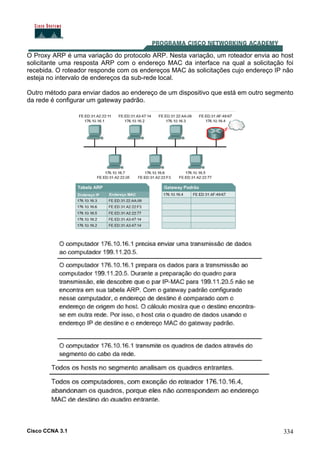 Cisco CCNA 3.1 334
O Proxy ARP é uma variação do protocolo ARP. Nesta variação, um roteador envia ao host
solicitante uma resposta ARP com o endereço MAC da interface na qual a solicitação foi
recebida. O roteador responde com os endereços MAC às solicitações cujo endereço IP não
esteja no intervalo de endereços da sub-rede local.
Outro método para enviar dados ao endereço de um dispositivo que está em outro segmento
da rede é configurar um gateway padrão.
 