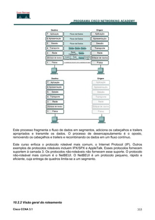 Cisco CCNA 3.1 355
Este processo fragmenta o fluxo de dados em segmentos, adiciona os cabeçalhos e trailers
apropriados e transmite os dados. O processo de desencapsulamento é o oposto,
removendo os cabeçalhos e trailers e recombinando os dados em um fluxo contínuo.
Este curso enfoca o protocolo roteável mais comum, o Internet Protocol (IP). Outros
exemplos de protocolos roteáveis incluem IPX/SPX e AppleTalk. Esses protocolos fornecem
suportem à camada 3. Os protocolos não-roteáveis não fornecem esse suporte. O protocolo
não-roteável mais comum é o NetBEUI. O NetBEUI é um protocolo pequeno, rápido e
eficiente, cuja entrega de quadros limita-se a um segmento.
10.2.2 Visão geral do roteamento
 