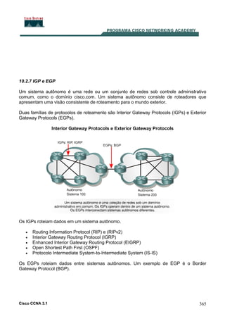 Cisco CCNA 3.1 365
10.2.7 IGP e EGP
Um sistema autônomo é uma rede ou um conjunto de redes sob controle administrativo
comum, como o domínio cisco.com. Um sistema autônomo consiste de roteadores que
apresentam uma visão consistente de roteamento para o mundo exterior.
Duas famílias de protocolos de roteamento são Interior Gateway Protocols (IGPs) e Exterior
Gateway Protocols (EGPs).
Interior Gateway Protocols e Exterior Gateway Protocols
Os IGPs roteiam dados em um sistema autônomo.
• Routing Information Protocol (RIP) e (RIPv2)
• Interior Gateway Routing Protocol (IGRP)
• Enhanced Interior Gateway Routing Protocol (EIGRP)
• Open Shortest Path First (OSPF)
• Protocolo Intermediate System-to-Intermediate System (IS-IS)
Os EGPs roteiam dados entre sistemas autônomos. Um exemplo de EGP é o Border
Gateway Protocol (BGP).
 