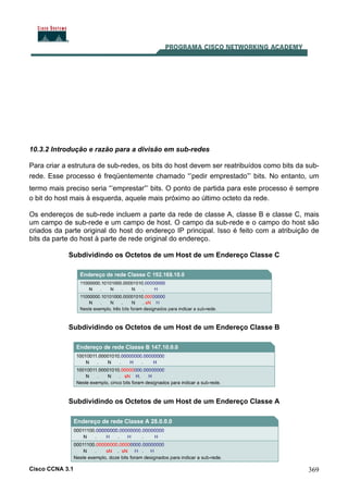 Cisco CCNA 3.1 369
10.3.2 Introdução e razão para a divisão em sub-redes
Para criar a estrutura de sub-redes, os bits do host devem ser reatribuídos como bits da sub-
rede. Esse processo é freqüentemente chamado “’pedir emprestado”’ bits. No entanto, um
termo mais preciso seria “’emprestar”’ bits. O ponto de partida para este processo é sempre
o bit do host mais à esquerda, aquele mais próximo ao último octeto da rede.
Os endereços de sub-rede incluem a parte da rede de classe A, classe B e classe C, mais
um campo de sub-rede e um campo de host. O campo da sub-rede e o campo do host são
criados da parte original do host do endereço IP principal. Isso é feito com a atribuição de
bits da parte do host à parte de rede original do endereço.
Subdividindo os Octetos de um Host de um Endereço Classe C
Subdividindo os Octetos de um Host de um Endereço Classe B
Subdividindo os Octetos de um Host de um Endereço Classe A
 