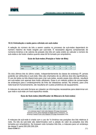 Cisco CCNA 3.1 371
10.3.3 Introdução e razão para a divisão em sub-redes
A seleção do número de bits a serem usados no processo de sub-redes dependerá do
número máximo de hosts exigido por sub-rede. É necessária alguma compreensão de
números binários e de valores de posição dos bits em cada octeto ao calcular o número de
sub-redes e de hosts criados quando esse bit foi tomado por empréstimo.
Guia de Sub-redes (Posição e Valor de Bits)
Os dois últimos bits do último octeto, independentemente da classe de endereço IP, jamais
poderão ser atribuídos à sub-rede. Eles são chamados de os últimos dois bits significativos.
O uso de todos os bits disponíveis para criar sub-redes, exceto esses dois últimos, resultará
em sub-redes com apenas dois hosts utilizáveis. Esse é um método prático de conservação
de endereços para o endereçamento de links de roteadores seriais. No entanto, para uma
rede local em funcionamento, ele resultaria em custos proibitivos de equipamento.
A máscara de sub-rede fornece ao roteador as informações necessárias para determinar em
que rede e sub-rede um host específico reside.
Guia de Sub-redes (Identificador de Máscara de Sub-redes)
A máscara de sub-rede é criada com o uso de 1s binários nas posições dos bits relativos à
rede. Os bits da sub-rede são determinados com a adição do valor às posições dos bits
tomados por empréstimo. Se tivessem sido tomados três bits, a máscara para um endereço
de classe C seria 255.255.255.224.
 