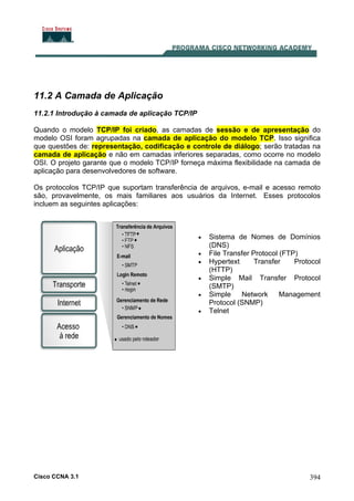 Cisco CCNA 3.1 394
11.2 A Camada de Aplicação
11.2.1 Introdução à camada de aplicação TCP/IP
Quando o modelo TCP/IP foi criado, as camadas de sessão e de apresentação do
modelo OSI foram agrupadas na camada de aplicação do modelo TCP. Isso significa
que questões de: representação, codificação e controle de diálogo; serão tratadas na
camada de aplicação e não em camadas inferiores separadas, como ocorre no modelo
OSI. O projeto garante que o modelo TCP/IP forneça máxima flexibilidade na camada de
aplicação para desenvolvedores de software.
Os protocolos TCP/IP que suportam transferência de arquivos, e-mail e acesso remoto
são, provavelmente, os mais familiares aos usuários da Internet. Esses protocolos
incluem as seguintes aplicações:
• Sistema de Nomes de Domínios
(DNS)
• File Transfer Protocol (FTP)
• Hypertext Transfer Protocol
(HTTP)
• Simple Mail Transfer Protocol
(SMTP)
• Simple Network Management
Protocol (SNMP)
• Telnet
 