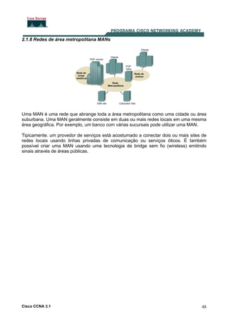 Cisco CCNA 3.1 48
2.1.8 Redes de área metropolitana MANs
Uma MAN é uma rede que abrange toda a área metropolitana como uma cidade ou área
suburbana. Uma MAN geralmente consiste em duas ou mais redes locais em uma mesma
área geográfica. Por exemplo, um banco com várias sucursais pode utilizar uma MAN.
Tipicamente. um provedor de serviços está acostumado a conectar dois ou mais sites de
redes locais usando linhas privadas de comunicação ou serviços óticos. É também
possível criar uma MAN usando uma tecnologia de bridge sem fio (wireless) emitindo
sinais através de áreas públicas.
 