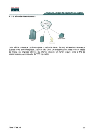 Cisco CCNA 3.1 50
2.1.10 Virtual Private Network
Uma VPN é uma rede particular que é construída dentro de uma infra-estrutura de rede
pública como a Internet global. Ao usar uma VPN, um telecomutador pode acessar a rede
da matriz da empresa através da Internet criando um túnel seguro entre o PC do
telecomutador a um roteador da VPN na matriz.
 