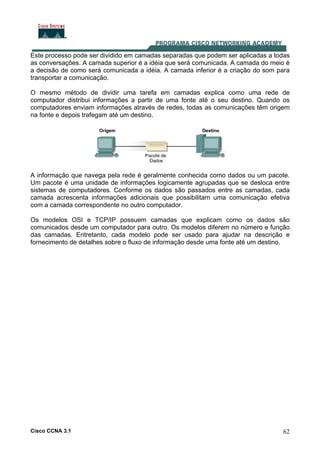 Cisco CCNA 3.1 62
Este processo pode ser dividido em camadas separadas que podem ser aplicadas a todas
as conversações. A camada superior é a idéia que será comunicada. A camada do meio é
a decisão de como será comunicada a idéia. A camada inferior é a criação do som para
transportar a comunicação.
O mesmo método de dividir uma tarefa em camadas explica como uma rede de
computador distribui informações a partir de uma fonte até o seu destino. Quando os
computadores enviam informações através de redes, todas as comunicações têm origem
na fonte e depois trafegam até um destino.
A informação que navega pela rede é geralmente conhecida como dados ou um pacote.
Um pacote é uma unidade de informações logicamente agrupadas que se desloca entre
sistemas de computadores. Conforme os dados são passados entre as camadas, cada
camada acrescenta informações adicionais que possibilitam uma comunicação efetiva
com a camada correspondente no outro computador.
Os modelos OSI e TCP/IP possuem camadas que explicam como os dados são
comunicados desde um computador para outro. Os modelos diferem no número e função
das camadas. Entretanto, cada modelo pode ser usado para ajudar na descrição e
fornecimento de detalhes sobre o fluxo de informação desde uma fonte até um destino.
 
