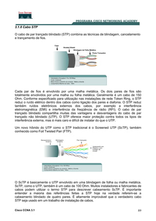 Cisco CCNA 3.1 89
3.1.8 Cabo STP
O cabo de par trançado blindado (STP) combina as técnicas de blindagem, cancelamento
e trançamento de fios.
Cada par de fios é envolvido por uma malha metálica. Os dois pares de fios são
totalmente envolvidos por uma malha ou folha metálica. Geralmente é um cabo de 150
Ohm. Conforme especificado para utilização nas instalações de rede Token Ring, o STP
reduz o ruído elétrico dentro dos cabos como ligação dos pares e diafonia. O STP reduz
também ruídos eletrônicos externos dos cabos, por exemplo a interferência
eletromagnética (EMI) e interferência da freqüência de rádio (RFI). O cabo de par
trançado blindado compartilha muitas das vantagens e desvantagens do cabo de par
trançado não blindado (UTP). O STP oferece maior proteção contra todos os tipos de
interferência externa, mas é mais caro e difícil de instalar do que o UTP.
Um novo híbrido do UTP como o STP tradicional é o Screened UTP (ScTP), também
conhecido como Foil Twisted Pair (FTP).
O ScTP é basicamente o UTP envolvido em uma blindagem de folha ou malha metálica.
ScTP, como o UTP, também é um cabo de 100 Ohm. Muitos instaladores e fabricantes de
cabos podem utilizar o termo STP para descrever cabeamento ScTP. É importante
entender a maioria das referências feitas a STP hoje na verdade referem-se a
cabeamento blindado de quatro pares. É altamente improvável que o verdadeiro cabo
STP seja usado em um trabalho de instalação de cabos.
 