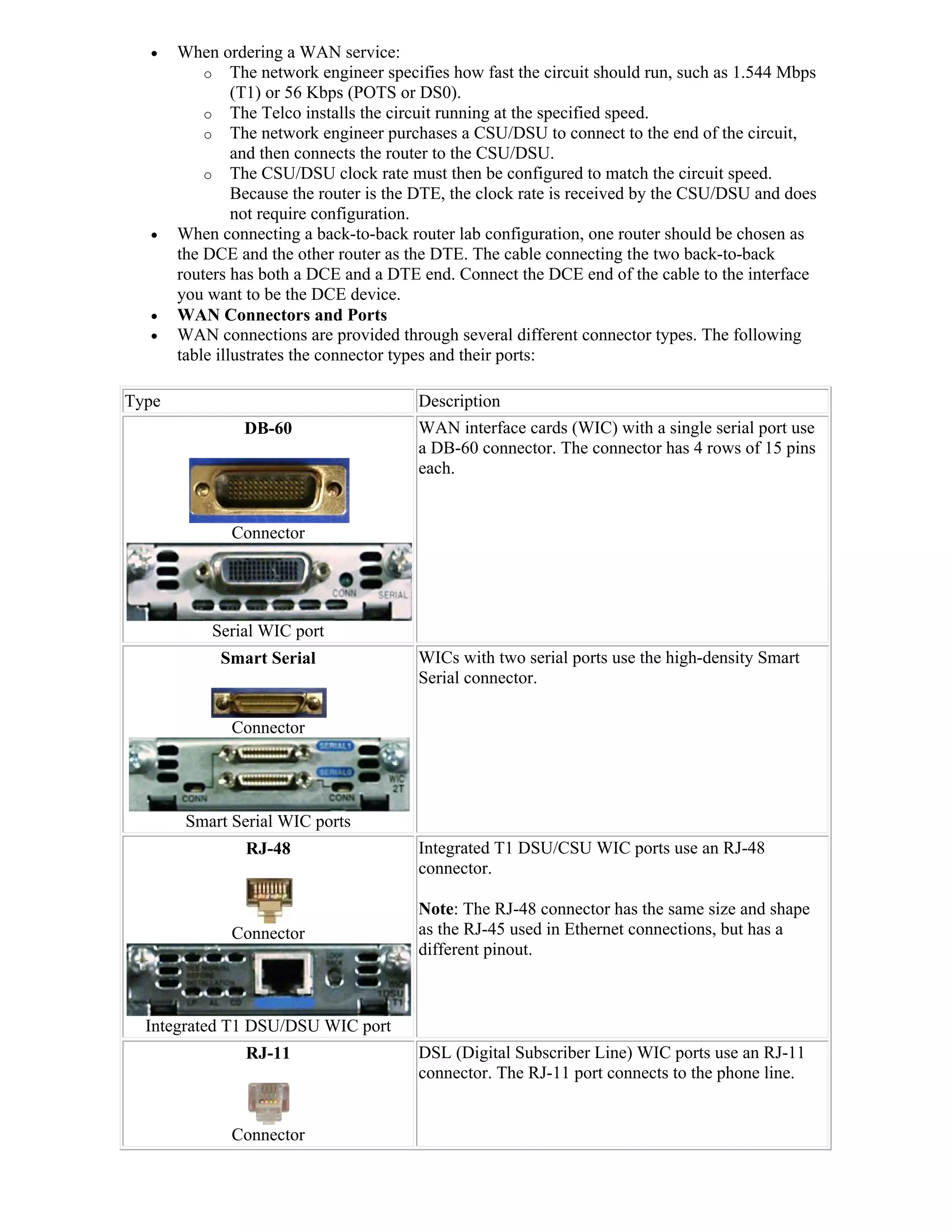     When ordering a WAN service:
           o The network engineer specifies how fast the circuit should run, such as 1.544 Mbps
                (T1) or 56 Kbps (POTS or DS0).
           o The Telco installs the circuit running at the specified speed.
           o The network engineer purchases a CSU/DSU to connect to the end of the circuit,
                and then connects the router to the CSU/DSU.
           o The CSU/DSU clock rate must then be configured to match the circuit speed.
                Because the router is the DTE, the clock rate is received by the CSU/DSU and does
                not require configuration.
      When connecting a back-to-back router lab configuration, one router should be chosen as
       the DCE and the other router as the DTE. The cable connecting the two back-to-back
       routers has both a DCE and a DTE end. Connect the DCE end of the cable to the interface
       you want to be the DCE device.
      WAN Connectors and Ports
      WAN connections are provided through several different connector types. The following
       table illustrates the connector types and their ports:

Type                                    Description
                DB-60                   WAN interface cards (WIC) with a single serial port use
                                        a DB-60 connector. The connector has 4 rows of 15 pins
                                        each.


              Connector




           Serial WIC port
             Smart Serial               WICs with two serial ports use the high-density Smart
                                        Serial connector.

              Connector




        Smart Serial WIC ports
                RJ-48                   Integrated T1 DSU/CSU WIC ports use an RJ-48
                                        connector.

                                        Note: The RJ-48 connector has the same size and shape
              Connector                 as the RJ-45 used in Ethernet connections, but has a
                                        different pinout.



  Integrated T1 DSU/DSU WIC port
                RJ-11                   DSL (Digital Subscriber Line) WIC ports use an RJ-11
                                        connector. The RJ-11 port connects to the phone line.


              Connector
 
