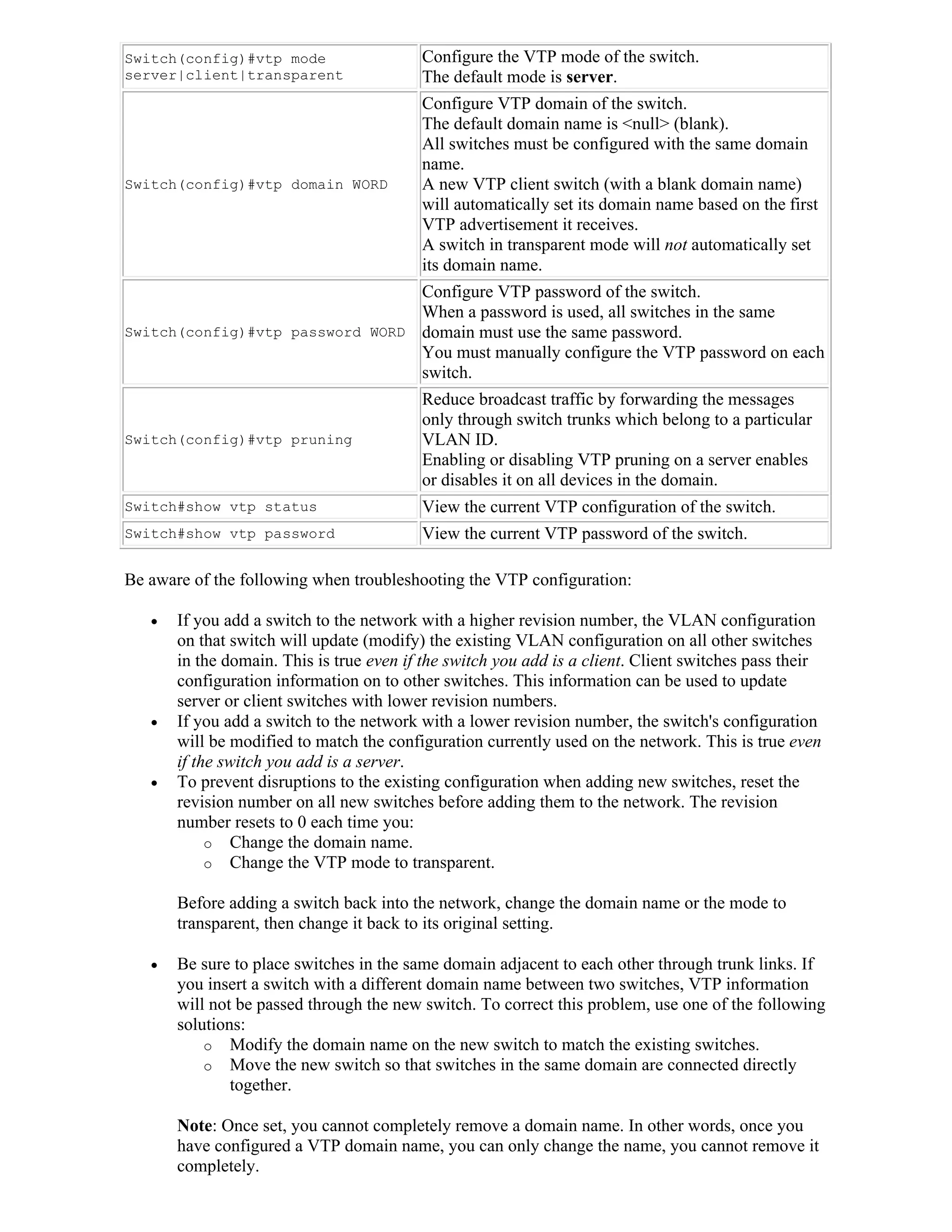 Switch(config)#vtp mode                   Configure the VTP mode of the switch.
server|client|transparent                 The default mode is server.
                                          Configure VTP domain of the switch.
                                          The default domain name is <null> (blank).
                                          All switches must be configured with the same domain
                                          name.
Switch(config)#vtp domain WORD            A new VTP client switch (with a blank domain name)
                                          will automatically set its domain name based on the first
                                          VTP advertisement it receives.
                                          A switch in transparent mode will not automatically set
                                          its domain name.
                                 Configure VTP password of the switch.
                                 When a password is used, all switches in the same
Switch(config)#vtp password WORD domain must use the same password.
                                 You must manually configure the VTP password on each
                                 switch.
                                          Reduce broadcast traffic by forwarding the messages
                                          only through switch trunks which belong to a particular
Switch(config)#vtp pruning                VLAN ID.
                                          Enabling or disabling VTP pruning on a server enables
                                          or disables it on all devices in the domain.
Switch#show vtp status                    View the current VTP configuration of the switch.
Switch#show vtp password                  View the current VTP password of the switch.

Be aware of the following when troubleshooting the VTP configuration:

      If you add a switch to the network with a higher revision number, the VLAN configuration
       on that switch will update (modify) the existing VLAN configuration on all other switches
       in the domain. This is true even if the switch you add is a client. Client switches pass their
       configuration information on to other switches. This information can be used to update
       server or client switches with lower revision numbers.
      If you add a switch to the network with a lower revision number, the switch's configuration
       will be modified to match the configuration currently used on the network. This is true even
       if the switch you add is a server.
      To prevent disruptions to the existing configuration when adding new switches, reset the
       revision number on all new switches before adding them to the network. The revision
       number resets to 0 each time you:
            o Change the domain name.
            o Change the VTP mode to transparent.

       Before adding a switch back into the network, change the domain name or the mode to
       transparent, then change it back to its original setting.

      Be sure to place switches in the same domain adjacent to each other through trunk links. If
       you insert a switch with a different domain name between two switches, VTP information
       will not be passed through the new switch. To correct this problem, use one of the following
       solutions:
           o Modify the domain name on the new switch to match the existing switches.
           o Move the new switch so that switches in the same domain are connected directly
               together.

       Note: Once set, you cannot completely remove a domain name. In other words, once you
       have configured a VTP domain name, you can only change the name, you cannot remove it
       completely.
 