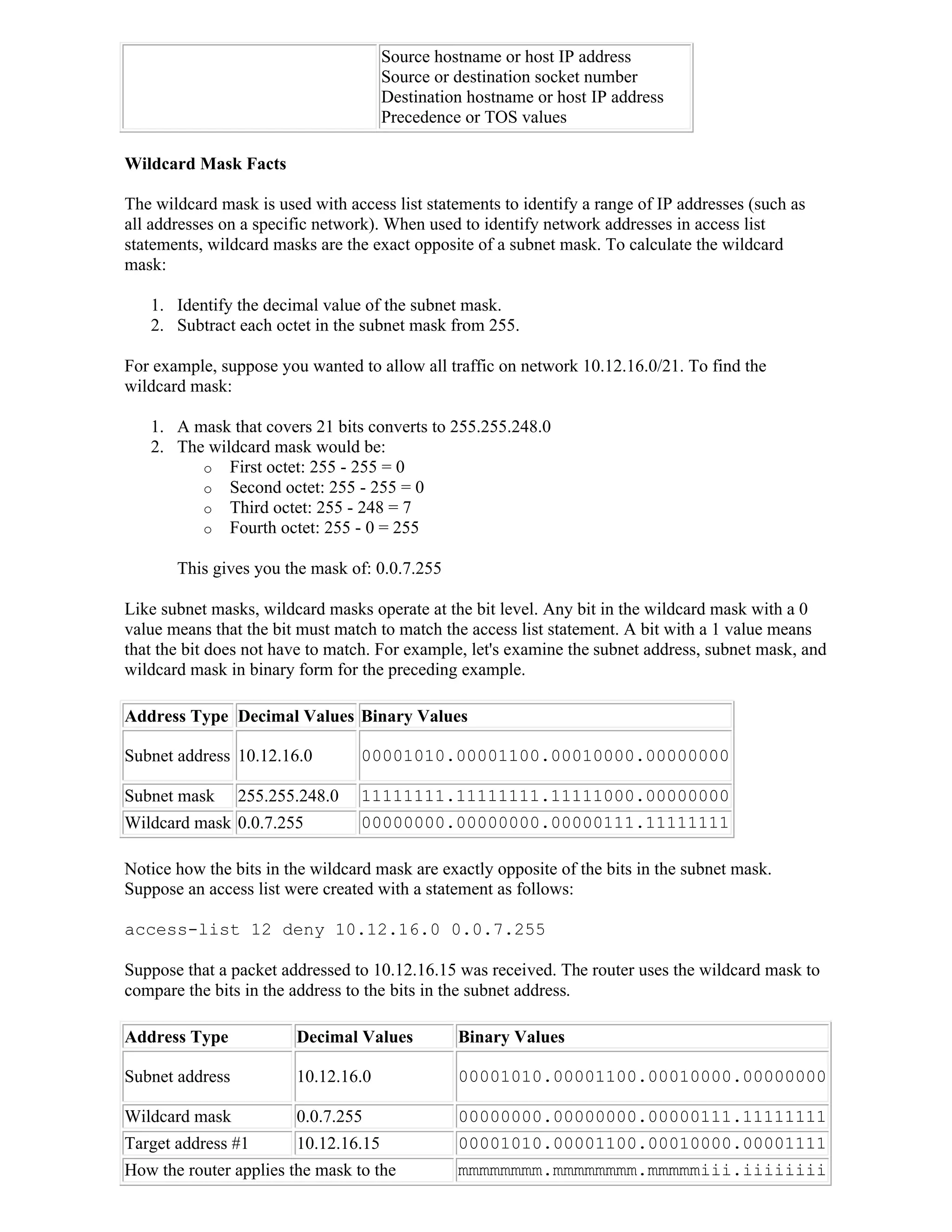 Source hostname or host IP address
                                      Source or destination socket number
                                      Destination hostname or host IP address
                                      Precedence or TOS values

Wildcard Mask Facts

The wildcard mask is used with access list statements to identify a range of IP addresses (such as
all addresses on a specific network). When used to identify network addresses in access list
statements, wildcard masks are the exact opposite of a subnet mask. To calculate the wildcard
mask:

   1. Identify the decimal value of the subnet mask.
   2. Subtract each octet in the subnet mask from 255.

For example, suppose you wanted to allow all traffic on network 10.12.16.0/21. To find the
wildcard mask:

   1. A mask that covers 21 bits converts to 255.255.248.0
   2. The wildcard mask would be:
         o First octet: 255 - 255 = 0
         o Second octet: 255 - 255 = 0
         o Third octet: 255 - 248 = 7
         o Fourth octet: 255 - 0 = 255

       This gives you the mask of: 0.0.7.255

Like subnet masks, wildcard masks operate at the bit level. Any bit in the wildcard mask with a 0
value means that the bit must match to match the access list statement. A bit with a 1 value means
that the bit does not have to match. For example, let's examine the subnet address, subnet mask, and
wildcard mask in binary form for the preceding example.

Address Type Decimal Values Binary Values

Subnet address 10.12.16.0         00001010.00001100.00010000.00000000

Subnet mask      255.255.248.0    11111111.11111111.11111000.00000000
Wildcard mask 0.0.7.255           00000000.00000000.00000111.11111111

Notice how the bits in the wildcard mask are exactly opposite of the bits in the subnet mask.
Suppose an access list were created with a statement as follows:

access-list 12 deny 10.12.16.0 0.0.7.255

Suppose that a packet addressed to 10.12.16.15 was received. The router uses the wildcard mask to
compare the bits in the address to the bits in the subnet address.

Address Type            Decimal Values          Binary Values

Subnet address          10.12.16.0              00001010.00001100.00010000.00000000

Wildcard mask           0.0.7.255               00000000.00000000.00000111.11111111
Target address #1       10.12.16.15             00001010.00001100.00010000.00001111
How the router applies the mask to the          mmmmmmmm.mmmmmmmm.mmmmmiii.iiiiiiii
 