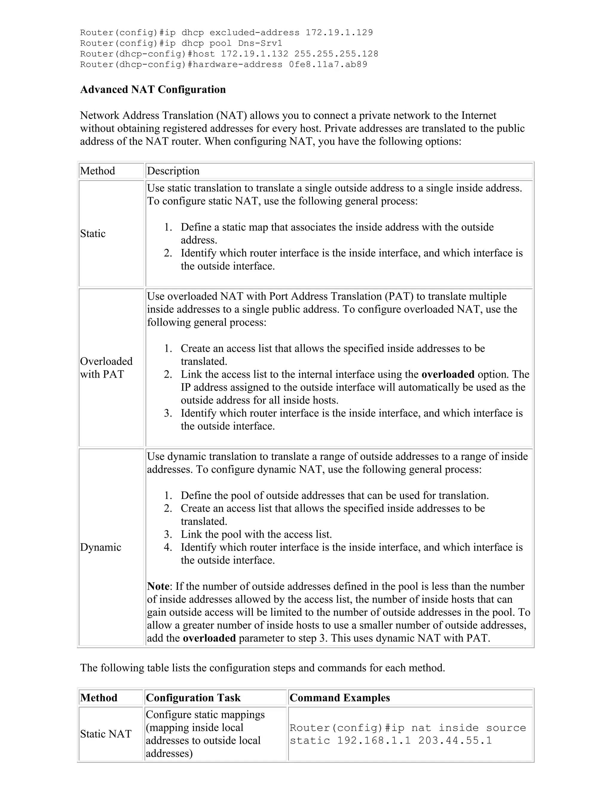 Router(config)#ip dhcp excluded-address 172.19.1.129
Router(config)#ip dhcp pool Dns-Srv1
Router(dhcp-config)#host 172.19.1.132 255.255.255.128
Router(dhcp-config)#hardware-address 0fe8.11a7.ab89

Advanced NAT Configuration

Network Address Translation (NAT) allows you to connect a private network to the Internet
without obtaining registered addresses for every host. Private addresses are translated to the public
address of the NAT router. When configuring NAT, you have the following options:

Method         Description
               Use static translation to translate a single outside address to a single inside address.
               To configure static NAT, use the following general process:

                   1. Define a static map that associates the inside address with the outside
Static
                      address.
                   2. Identify which router interface is the inside interface, and which interface is
                      the outside interface.

               Use overloaded NAT with Port Address Translation (PAT) to translate multiple
               inside addresses to a single public address. To configure overloaded NAT, use the
               following general process:

                   1. Create an access list that allows the specified inside addresses to be
Overloaded            translated.
with PAT           2. Link the access list to the internal interface using the overloaded option. The
                      IP address assigned to the outside interface will automatically be used as the
                      outside address for all inside hosts.
                   3. Identify which router interface is the inside interface, and which interface is
                      the outside interface.

               Use dynamic translation to translate a range of outside addresses to a range of inside
               addresses. To configure dynamic NAT, use the following general process:

                   1. Define the pool of outside addresses that can be used for translation.
                   2. Create an access list that allows the specified inside addresses to be
                      translated.
                   3. Link the pool with the access list.
Dynamic            4. Identify which router interface is the inside interface, and which interface is
                      the outside interface.

               Note: If the number of outside addresses defined in the pool is less than the number
               of inside addresses allowed by the access list, the number of inside hosts that can
               gain outside access will be limited to the number of outside addresses in the pool. To
               allow a greater number of inside hosts to use a smaller number of outside addresses,
               add the overloaded parameter to step 3. This uses dynamic NAT with PAT.

The following table lists the configuration steps and commands for each method.

Method        Configuration Task                Command Examples
              Configure static mappings
              (mapping inside local             Router(config)#ip nat inside source
Static NAT
              addresses to outside local        static 192.168.1.1 203.44.55.1
              addresses)
 