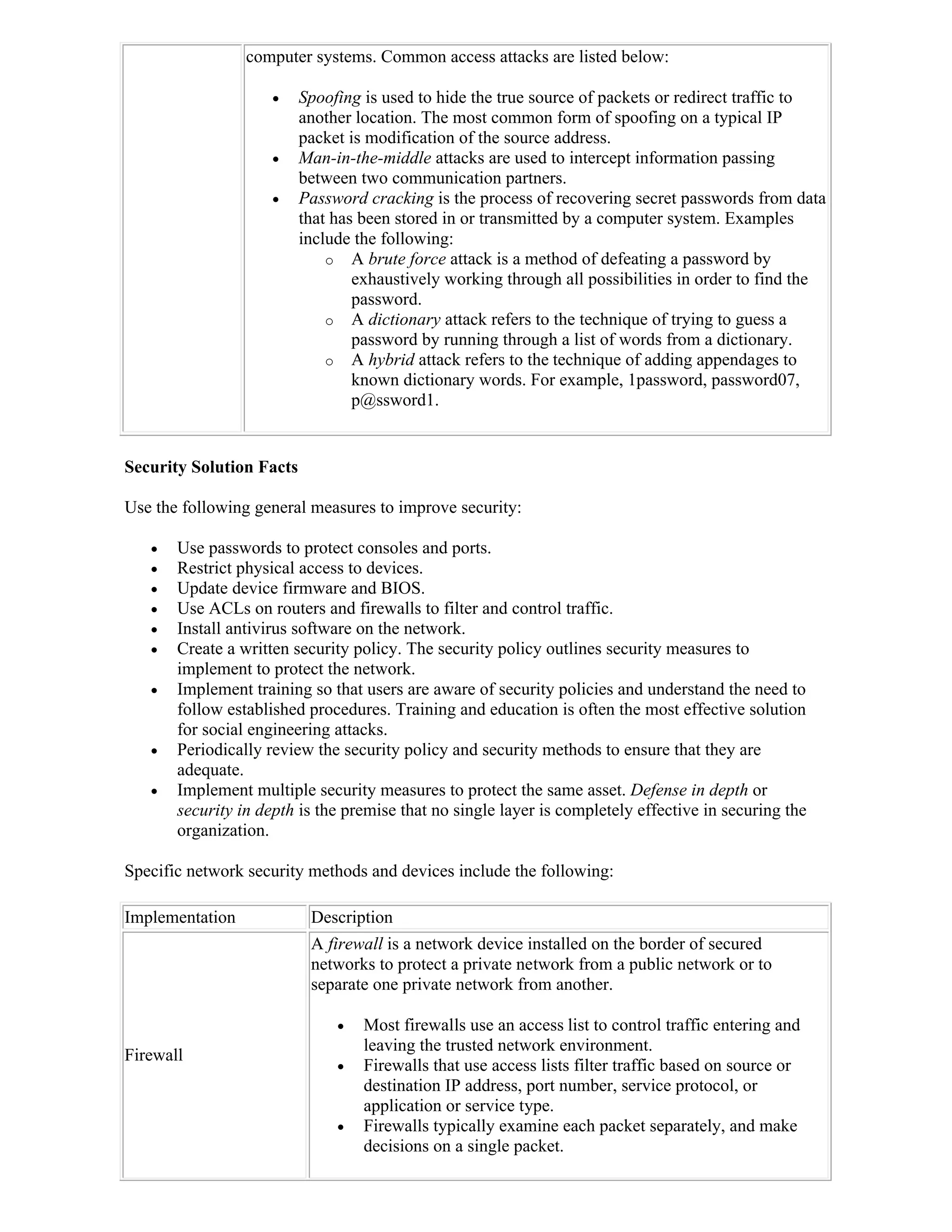 computer systems. Common access attacks are listed below:

                         Spoofing is used to hide the true source of packets or redirect traffic to
                          another location. The most common form of spoofing on a typical IP
                          packet is modification of the source address.
                         Man-in-the-middle attacks are used to intercept information passing
                          between two communication partners.
                         Password cracking is the process of recovering secret passwords from data
                          that has been stored in or transmitted by a computer system. Examples
                          include the following:
                              o A brute force attack is a method of defeating a password by
                                  exhaustively working through all possibilities in order to find the
                                  password.
                              o A dictionary attack refers to the technique of trying to guess a
                                  password by running through a list of words from a dictionary.
                              o A hybrid attack refers to the technique of adding appendages to
                                  known dictionary words. For example, 1password, password07,
                                  p@ssword1.


Security Solution Facts

Use the following general measures to improve security:

      Use passwords to protect consoles and ports.
      Restrict physical access to devices.
      Update device firmware and BIOS.
      Use ACLs on routers and firewalls to filter and control traffic.
      Install antivirus software on the network.
      Create a written security policy. The security policy outlines security measures to
       implement to protect the network.
      Implement training so that users are aware of security policies and understand the need to
       follow established procedures. Training and education is often the most effective solution
       for social engineering attacks.
      Periodically review the security policy and security methods to ensure that they are
       adequate.
      Implement multiple security measures to protect the same asset. Defense in depth or
       security in depth is the premise that no single layer is completely effective in securing the
       organization.

Specific network security methods and devices include the following:

Implementation             Description
                           A firewall is a network device installed on the border of secured
                           networks to protect a private network from a public network or to
                           separate one private network from another.

                                  Most firewalls use an access list to control traffic entering and
                                   leaving the trusted network environment.
Firewall
                                  Firewalls that use access lists filter traffic based on source or
                                   destination IP address, port number, service protocol, or
                                   application or service type.
                                  Firewalls typically examine each packet separately, and make
                                   decisions on a single packet.
 