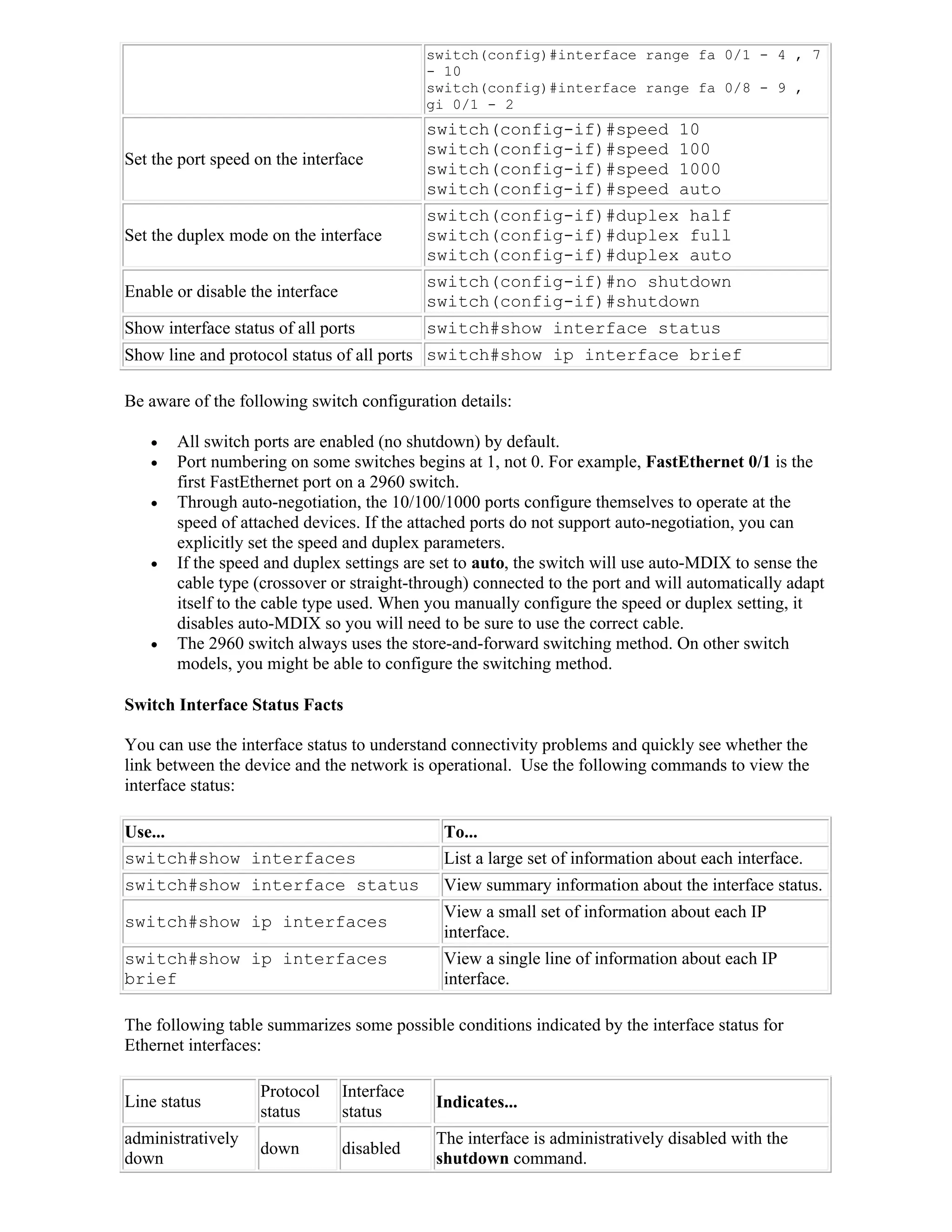 switch(config)#interface range fa 0/1 - 4 , 7
                                              - 10
                                              switch(config)#interface range fa 0/8 - 9 ,
                                              gi 0/1 - 2
                                              switch(config-if)#speed             10
                                              switch(config-if)#speed             100
Set the port speed on the interface
                                              switch(config-if)#speed             1000
                                              switch(config-if)#speed             auto
                                              switch(config-if)#duplex half
Set the duplex mode on the interface          switch(config-if)#duplex full
                                              switch(config-if)#duplex auto
                                              switch(config-if)#no shutdown
Enable or disable the interface
                                              switch(config-if)#shutdown
Show interface status of all ports            switch#show interface status
Show line and protocol status of all ports switch#show ip interface brief

Be aware of the following switch configuration details:

      All switch ports are enabled (no shutdown) by default.
      Port numbering on some switches begins at 1, not 0. For example, FastEthernet 0/1 is the
       first FastEthernet port on a 2960 switch.
      Through auto-negotiation, the 10/100/1000 ports configure themselves to operate at the
       speed of attached devices. If the attached ports do not support auto-negotiation, you can
       explicitly set the speed and duplex parameters.
      If the speed and duplex settings are set to auto, the switch will use auto-MDIX to sense the
       cable type (crossover or straight-through) connected to the port and will automatically adapt
       itself to the cable type used. When you manually configure the speed or duplex setting, it
       disables auto-MDIX so you will need to be sure to use the correct cable.
      The 2960 switch always uses the store-and-forward switching method. On other switch
       models, you might be able to configure the switching method.

Switch Interface Status Facts

You can use the interface status to understand connectivity problems and quickly see whether the
link between the device and the network is operational. Use the following commands to view the
interface status:

Use...                                          To...
switch#show interfaces                          List a large set of information about each interface.
switch#show interface status                    View summary information about the interface status.
                                                View a small set of information about each IP
switch#show ip interfaces
                                                interface.
switch#show ip interfaces                       View a single line of information about each IP
brief                                           interface.

The following table summarizes some possible conditions indicated by the interface status for
Ethernet interfaces:

                    Protocol      Interface
Line status                                    Indicates...
                    status        status
administratively                               The interface is administratively disabled with the
                    down          disabled
down                                           shutdown command.
 