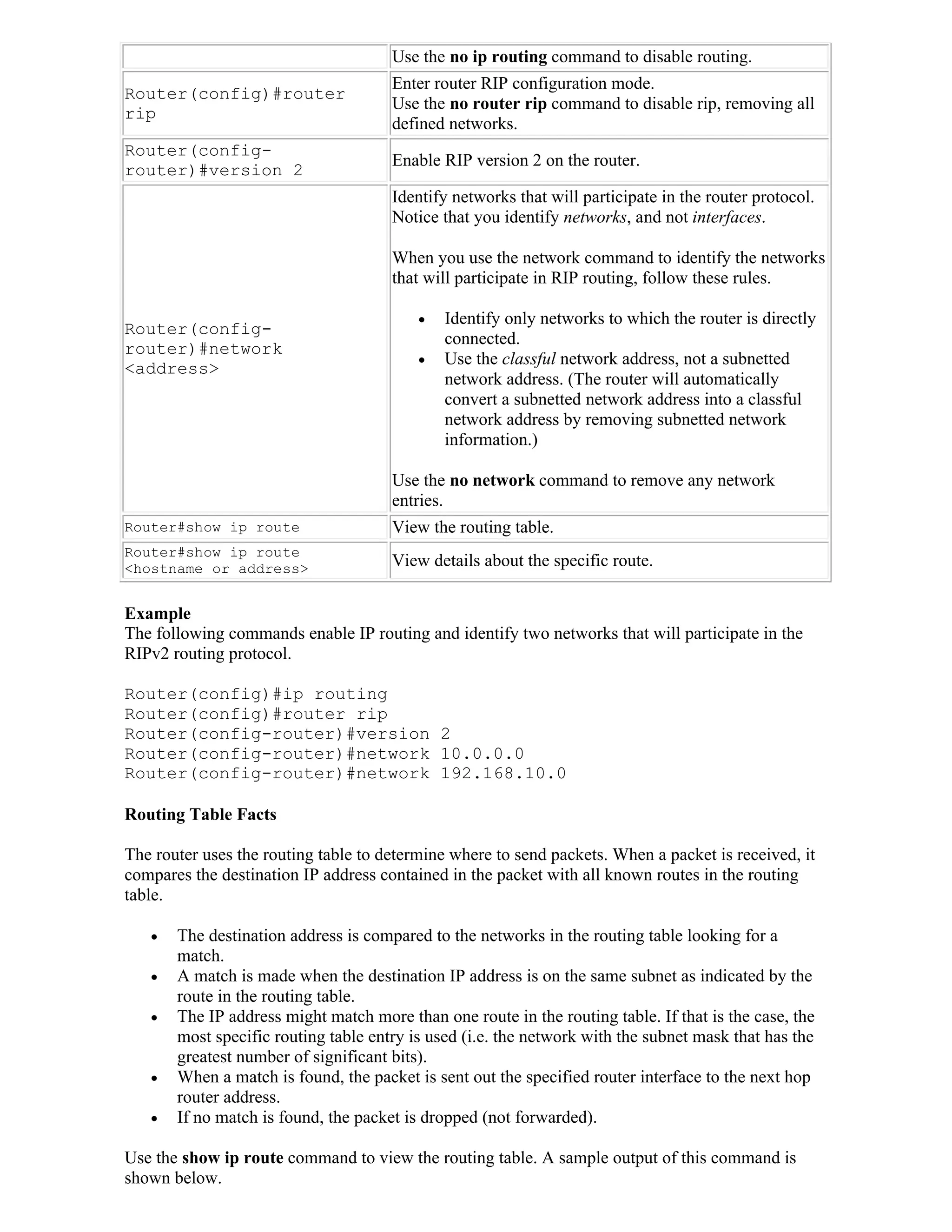 Use the no ip routing command to disable routing.
                                      Enter router RIP configuration mode.
Router(config)#router
                                      Use the no router rip command to disable rip, removing all
rip
                                      defined networks.
Router(config-
                                      Enable RIP version 2 on the router.
router)#version 2
                                      Identify networks that will participate in the router protocol.
                                      Notice that you identify networks, and not interfaces.

                                      When you use the network command to identify the networks
                                      that will participate in RIP routing, follow these rules.

                                             Identify only networks to which the router is directly
Router(config-
                                              connected.
router)#network
                                             Use the classful network address, not a subnetted
<address>
                                              network address. (The router will automatically
                                              convert a subnetted network address into a classful
                                              network address by removing subnetted network
                                              information.)

                                      Use the no network command to remove any network
                                      entries.
Router#show ip route                  View the routing table.
Router#show ip route
<hostname or address>                 View details about the specific route.


Example
The following commands enable IP routing and identify two networks that will participate in the
RIPv2 routing protocol.

Router(config)#ip routing
Router(config)#router rip
Router(config-router)#version 2
Router(config-router)#network 10.0.0.0
Router(config-router)#network 192.168.10.0

Routing Table Facts

The router uses the routing table to determine where to send packets. When a packet is received, it
compares the destination IP address contained in the packet with all known routes in the routing
table.

      The destination address is compared to the networks in the routing table looking for a
       match.
      A match is made when the destination IP address is on the same subnet as indicated by the
       route in the routing table.
      The IP address might match more than one route in the routing table. If that is the case, the
       most specific routing table entry is used (i.e. the network with the subnet mask that has the
       greatest number of significant bits).
      When a match is found, the packet is sent out the specified router interface to the next hop
       router address.
      If no match is found, the packet is dropped (not forwarded).

Use the show ip route command to view the routing table. A sample output of this command is
shown below.
 