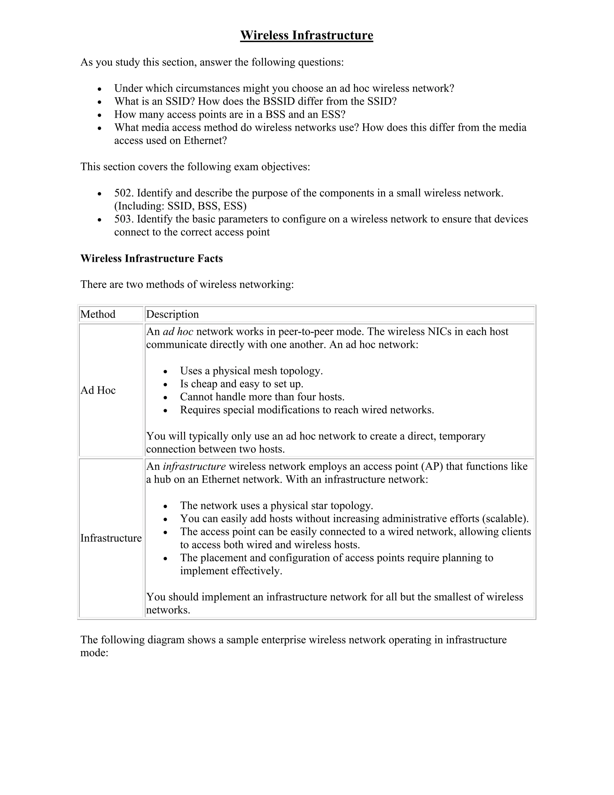 Wireless Infrastructure
As you study this section, answer the following questions:

      Under which circumstances might you choose an ad hoc wireless network?
      What is an SSID? How does the BSSID differ from the SSID?
      How many access points are in a BSS and an ESS?
      What media access method do wireless networks use? How does this differ from the media
       access used on Ethernet?

This section covers the following exam objectives:

      502. Identify and describe the purpose of the components in a small wireless network.
       (Including: SSID, BSS, ESS)
      503. Identify the basic parameters to configure on a wireless network to ensure that devices
       connect to the correct access point

Wireless Infrastructure Facts

There are two methods of wireless networking:

Method           Description
                 An ad hoc network works in peer-to-peer mode. The wireless NICs in each host
                 communicate directly with one another. An ad hoc network:

                       Uses a physical mesh topology.
                       Is cheap and easy to set up.
Ad Hoc
                       Cannot handle more than four hosts.
                       Requires special modifications to reach wired networks.

                 You will typically only use an ad hoc network to create a direct, temporary
                 connection between two hosts.
                 An infrastructure wireless network employs an access point (AP) that functions like
                 a hub on an Ethernet network. With an infrastructure network:

                       The network uses a physical star topology.
                       You can easily add hosts without increasing administrative efforts (scalable).
                       The access point can be easily connected to a wired network, allowing clients
Infrastructure
                        to access both wired and wireless hosts.
                       The placement and configuration of access points require planning to
                        implement effectively.

                 You should implement an infrastructure network for all but the smallest of wireless
                 networks.

The following diagram shows a sample enterprise wireless network operating in infrastructure
mode:
 