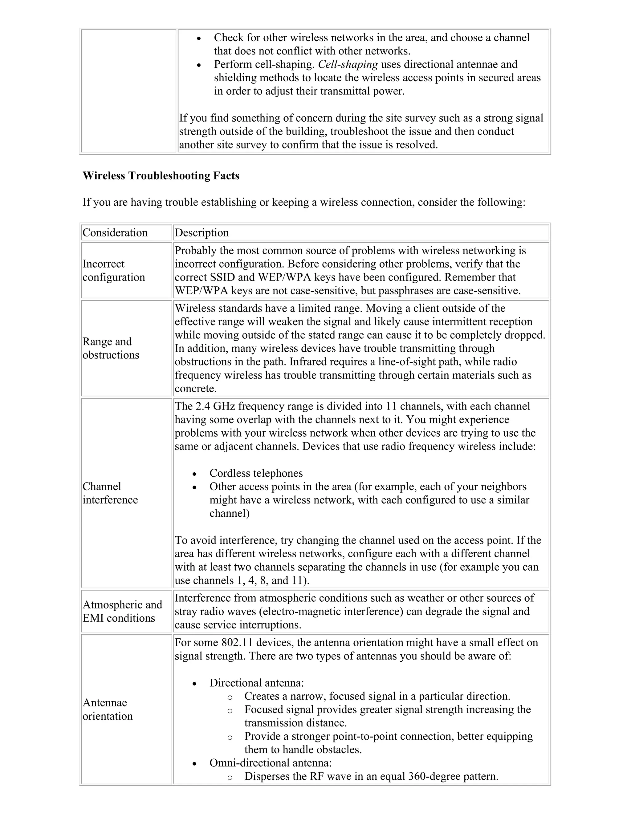    Check for other wireless networks in the area, and choose a channel
                               that does not conflict with other networks.
                              Perform cell-shaping. Cell-shaping uses directional antennae and
                               shielding methods to locate the wireless access points in secured areas
                               in order to adjust their transmittal power.

                    If you find something of concern during the site survey such as a strong signal
                    strength outside of the building, troubleshoot the issue and then conduct
                    another site survey to confirm that the issue is resolved.

Wireless Troubleshooting Facts

If you are having trouble establishing or keeping a wireless connection, consider the following:

Consideration      Description
                   Probably the most common source of problems with wireless networking is
Incorrect          incorrect configuration. Before considering other problems, verify that the
configuration      correct SSID and WEP/WPA keys have been configured. Remember that
                   WEP/WPA keys are not case-sensitive, but passphrases are case-sensitive.
                   Wireless standards have a limited range. Moving a client outside of the
                   effective range will weaken the signal and likely cause intermittent reception
                   while moving outside of the stated range can cause it to be completely dropped.
Range and
                   In addition, many wireless devices have trouble transmitting through
obstructions
                   obstructions in the path. Infrared requires a line-of-sight path, while radio
                   frequency wireless has trouble transmitting through certain materials such as
                   concrete.
                   The 2.4 GHz frequency range is divided into 11 channels, with each channel
                   having some overlap with the channels next to it. You might experience
                   problems with your wireless network when other devices are trying to use the
                   same or adjacent channels. Devices that use radio frequency wireless include:

                              Cordless telephones
Channel                       Other access points in the area (for example, each of your neighbors
interference                   might have a wireless network, with each configured to use a similar
                               channel)

                   To avoid interference, try changing the channel used on the access point. If the
                   area has different wireless networks, configure each with a different channel
                   with at least two channels separating the channels in use (for example you can
                   use channels 1, 4, 8, and 11).
                   Interference from atmospheric conditions such as weather or other sources of
Atmospheric and
                   stray radio waves (electro-magnetic interference) can degrade the signal and
EMI conditions
                   cause service interruptions.
                   For some 802.11 devices, the antenna orientation might have a small effect on
                   signal strength. There are two types of antennas you should be aware of:

                              Directional antenna:
                                  o Creates a narrow, focused signal in a particular direction.
Antennae
                                  o Focused signal provides greater signal strength increasing the
orientation
                                      transmission distance.
                                  o Provide a stronger point-to-point connection, better equipping
                                      them to handle obstacles.
                              Omni-directional antenna:
                                  o Disperses the RF wave in an equal 360-degree pattern.
 