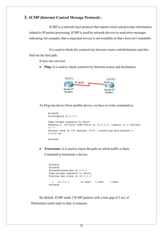 11
3. ICMP (Internet Control Message Protocol) :
ICMP is a network layer protocol that reports errors and provides information
related to IP packet processing. ICMP is used by network devices to send error messages
indicating, for example, that a requested service is not available or that a host isn’t reachable.
It is used to check the connectivity between source and destination and also
find out the best path.
It uses two services:
 Ping: It is used to check connectivity between source and destination.
To Ping one device from another device, we have to write command as:
 Traceroute: It is used to check the path on which traffic is there.
Command to traceroute a device:
By default, ICMP sends 5 ICMP packets with a time gap of 2 sec, if
Destination sends reply to that, it connects.
 