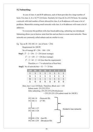 15
5.2 Subnetting:
In case of class A and B IP addresses, each of them provides for a large number of
hosts. For class A, It is 16,777,216 hosts. Similarly for Class B, It is 65,534 hosts. So creating
a network with total number of hosts allowed for class A or B addresses will cause a lot of
problems. Meanwhile creating small networks with class A or B addresses will waste a lot of
addresses.
To overcome this problem with class based addressing, subnetting was introduced.
Subnetting allows you to borrow some host bits and use them to create more networks. These
networks are commonly called subnets and are smaller in size.
Eg: Say an IP, 192.168.1.0 (no of hosts = 254)
Requirement for 100 PC
No of wastage IP = 254 – 100 = 154
Step1: 28
– 2 = 256 – 2 = 254 (more wastage)
27
– 2 = 128 – 2 = 126 (less wastage)
26
– 2 = 64 – 2 = 62 (less than the requirement)
Therefore, n = 7 is selected (no of host bits)
Step2: No of network bits = 32 – 7 = 25 bits
Here, last 1 is at 128 block. Therefore, Block size = 128
Subnet mask: 255.255.255.0
After subnetting: 255.255.255.(256-blocksize)
= 255.255.255.128 (subnet mask for 100 PC)
192.168.1.0 (Network ID)
192.168.1.1 (1st
IP)
192.168.1.127
192.168.1.128
192.168.1.254 (last IP)
192.168.1.255 (Broadcast ID)
128 64 32 16 8 4 2 1
1 1 1 1 1 1 1 1
1 1 1 1 1 1 1 1
1 1 1 1 1 1 1 1
1 0 0 0 0 0 0 0
Divided in two networks
 