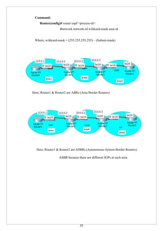 25
Command:
Router(config)# router ospf <process-id>
#network network-id wildcard-mask area-id
Where, wildcard-mask = (255.255.255.255) – (Subnet-mask)
Here, Router1 & Router2 are ABRs (Area Border Routers)
Here, Router1 & Router2 are ASBRs (Autonomous System Border Routers)
ASBR because there are different IGPs at each area.
OSPF
OSPFOSPF
OSPF EIGRP
RIP
 