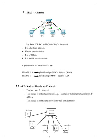 28
7.1 MAC – Address:
Say, PC0, PC1, PC2 and PC3 are MAC – Addresses
 It is a hardware address.
 Unique for each device.
 It is of 48 bits.
 It is written in Hexadecimal.
Representation is: aa:bb:cc:dd:01:00
If last bit is 0 globally unique MAC – Address (WAN)
If last bit is 1 locally unique MAC – Address (LAN)
7.2 ARP (Address Resolution Protocol):
 This is a Layer 2.5 protocol.
 This is used to find out destination MAC – Address with the help of destination IP
Address.
 This is used to find Layer2 info with the help of Layer3 info.
A
B
C D E
10.0.0.1
10.0.0.2
10.0.0.3 10.0.0.4 10.0.0.5
1
2
3 4 5
 