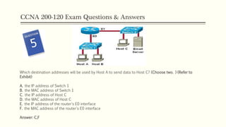 CCNA 200-120 Exam Questions & Answers
Which destination addresses will be used by Host A to send data to Host C? (Choose two. ) (Refer to
Exhibit)
A. the IP address of Switch 1
B. the MAC address of Switch 1
C. the IP address of Host C
D. the MAC address of Host C
E. the IP address of the router's E0 interface
F. the MAC address of the router's E0 interface
Answer: C,F
 