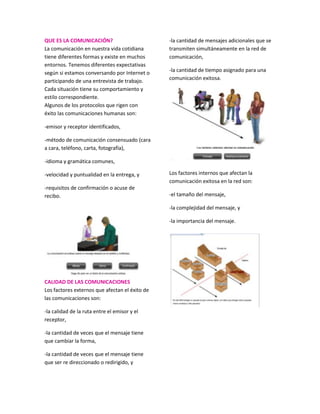 QUE ES LA COMUNICACIÓN?                         -la cantidad de mensajes adicionales que se
La comunicación en nuestra vida cotidiana       transmiten simultáneamente en la red de
tiene diferentes formas y existe en muchos      comunicación,
entornos. Tenemos diferentes expectativas
según si estamos conversando por Internet o     -la cantidad de tiempo asignado para una
participando de una entrevista de trabajo.      comunicación exitosa.
Cada situación tiene su comportamiento y
estilo correspondiente.
Algunos de los protocolos que rigen con
éxito las comunicaciones humanas son:

-emisor y receptor identificados,

-método de comunicación consensuado (cara
a cara, teléfono, carta, fotografía),

-idioma y gramática comunes,

-velocidad y puntualidad en la entrega, y       Los factores internos que afectan la
                                                comunicación exitosa en la red son:
-requisitos de confirmación o acuse de
recibo.                                         -el tamaño del mensaje,

                                                -la complejidad del mensaje, y

                                                -la importancia del mensaje.




CALIDAD DE LAS COMUNICACIONES
Los factores externos que afectan el éxito de
las comunicaciones son:

-la calidad de la ruta entre el emisor y el
receptor,

-la cantidad de veces que el mensaje tiene
que cambiar la forma,

-la cantidad de veces que el mensaje tiene
que ser re direccionado o redirigido, y
 