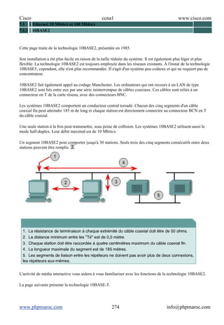 Cisco ccna1 www.cisco.com
www.phpmaroc.com info@phpmaroc.com274
7.1 Ethernet 10 Mbits/s et 100 Mbits/s
7.1.3 10BASE2
Cette page traite de la technologie 10BASE2, présentée en 1985.
Son installation a été plus facile en raison de la taille réduite du système. Il est également plus léger et plus
flexible. La technologie 10BASE2 est toujours employée dans les réseaux existants. À l'instar de la technologie
10BASE5, cependant, elle n'est plus recommandée. Il s'agit d'un système peu coûteux et qui ne requiert pas de
concentrateur.
10BASE2 fait également appel au codage Manchester. Les ordinateurs qui ont recours à un LAN de type
10BASE2 sont liés entre eux par une série ininterrompue de câbles coaxiaux. Ces câbles sont reliés à un
connecteur en T de la carte réseau, avec des connecteurs BNC.
Les systèmes 10BASE2 comportent un conducteur central torsadé. Chacun des cinq segments d'un câble
coaxial fin peut atteindre 185 m de long et chaque station est directement connectée au connecteur BCN en T
du câble coaxial.
Une seule station à la fois peut transmettre, sous peine de collision. Les systèmes 10BASE2 utilisent aussi le
mode half-duplex. Leur débit maximal est de 10 Mbits/s.
Un segment 10BASE2 peut comporter jusqu'à 30 stations. Seuls trois des cinq segments consécutifs entre deux
stations peuvent être remplis.
L'activité de média interactive vous aidera à vous familiariser avec les fonctions de la technologie 10BASE2.
La page suivante présente la technologie 10BASE-T.
 