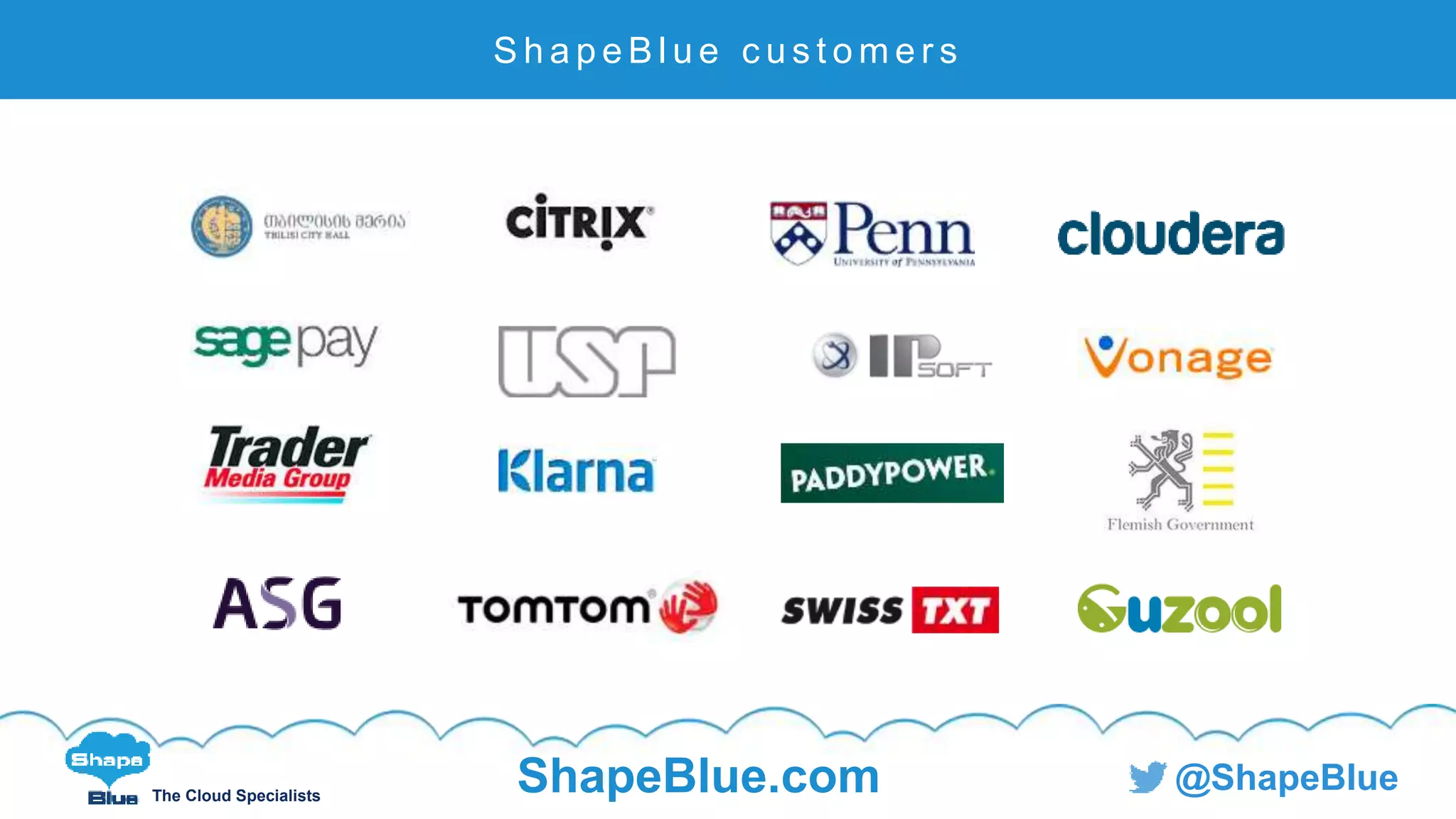 C l i c k t o e d i t
The Cloud Specialists
ShapeBlue.com @ShapeBlue
S h a p e B l u e c u s t o m e r s
 