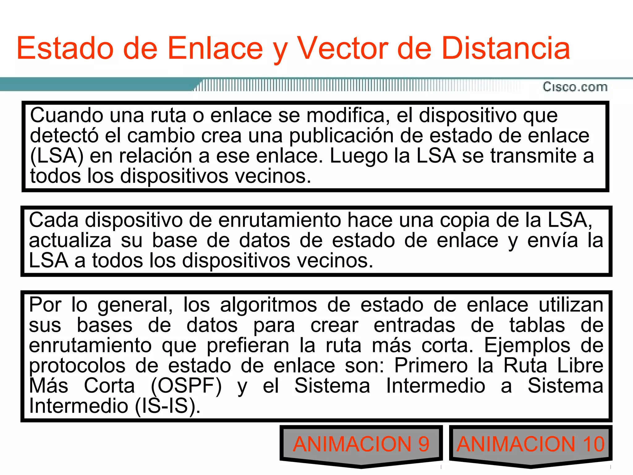 Estado de Enlace y Vector de Distancia
Protocolo de enrutamiento de pueden clasificarse en IGP o
Los protocolos deoenrutamiento Gatewaydispositivo que
Cuando una ruta enlace se modifica, el interior (IGRP):
es un IGP desarrollado una Cisco para resolver problemas
EGP, lo el cambio crea por grupo de Routers se encuentra
detectó que describe si un publicación de estado de enlace
relacionados con el enrutamiento en redes extensasaysu vez
bajo una sola administración o no. Los la LSA se transmite a
(LSA) en relación a ese enlace. Luego IGP pueden
heterogéneas. protocolos de vector-distancia o de estado de
clasificarse en
todos los dispositivos vecinos.
enlace.
IGRP dispositivo de enrutamiento hace una copia de la LSA,
Cada mejorada (EIGRP): esta IGP de un protocolo de
                                          propiedad de Cisco
incluye varias de de datos de estado de enlace y envía y
El enrutamiento por las características
actualiza su baseestado de enlace. determina la dirección ha
                      vector-distancia
enrutamientolos dispositivos vecinos. Es por esto que se la
LSA a todos de protocolo híbrido balanceado, pero en
la distancia (vector) hacia cualquier enlace en la internetwork.
conocido como ser el número de saltos hasta el enlace.
La distancia puede
realidad es un protocolo de enrutamiento vector-distancia
Por lo general, los algoritmos de estado de enlace utilizan
avanzado.
sus bases de datos para crear entradas de tablas de
Los ejemplos de deprefieran la por de estado de enlace de
enrutamiento que protocolos rutavector-distancia incluyen
Los protocolos los enrutamiento más corta. Ejemplos se
los siguientes: estado de enlace son: Primero protocolos de
protocolos para superar las limitaciones de los la Ruta Libre
diseñaron de
Más Corta (OSPF) y el Sistema Intermedio a Sistema
enrutamiento vector distancia. Los protocolos de
Protocolo (IS-IS).
Intermedio de información de enrutamiento (RIP): es a
enrutamiento de estado de enlace responden rápidamente el
IGPmodificacionesde la red. RIP utilizaactualizacionessaltos
las más común en la red, enviando números de sólo
como su única métrica de enrutamiento. 9 ANIMACION 10
                              ANIMACION
cuando se producen las modificaciones.
 