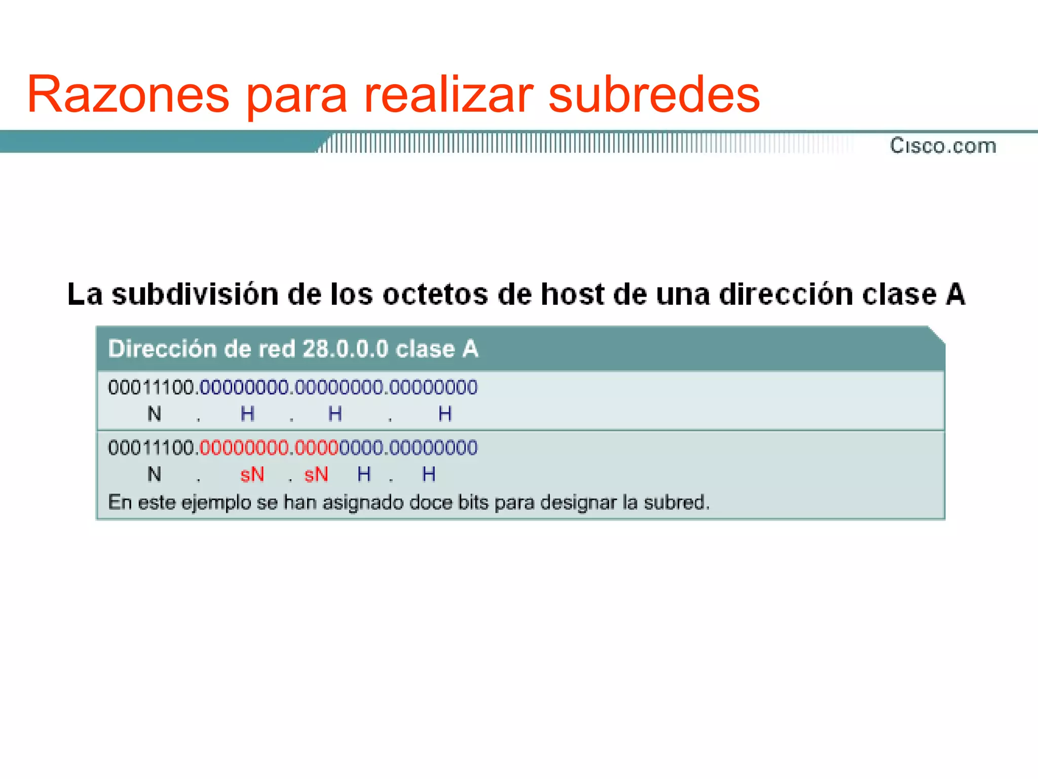 Razones para realizar subredes
Parara crear la estructura de subred, los bits de host se deben
reasignar como bits de subred. Es decir "pedir bits prestados".
Sin embargo, un término más preciso sería "prestar" bits. El
punto de inicio de este proceso se encuentra siempre en el bit
del Host del extremo izquierdo, aquel que se encuentra más
cerca del octeto de red anterior.

El campo de subred y el campo de Host se crean a partir de
la porción de Host original de la dirección IP entera. Esto se
hace mediante la reasignación de bits de la parte de host a la
parte original de red de la dirección.

La división en subredes permite que el administrador de la red
brinde contención de broadcast y seguridad de bajo nivel en la
LAN. La división en subredes ofrece algo de seguridad ya que
el acceso a las otras subredes está disponible solamente a
través de los servicios de un Router.
 