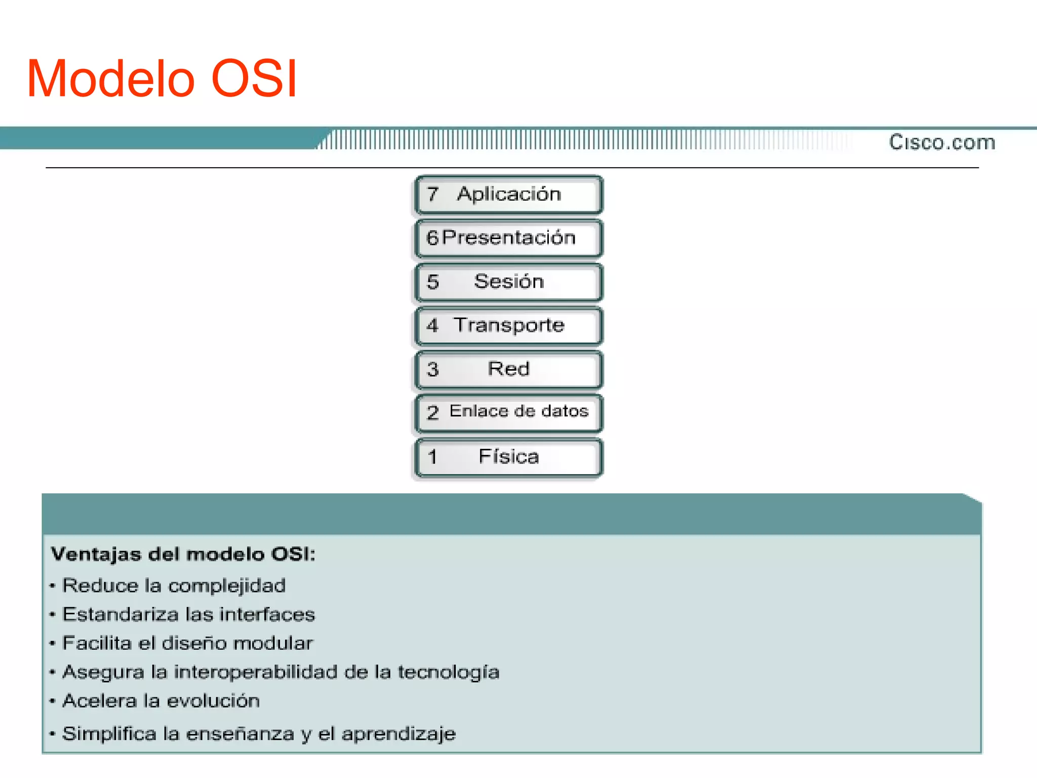 Modelo OSI

 Las tecnologías de networking que respetaban reglas
 propietarias en forma estricta no podían comunicarse
 con tecnologías que usaban reglas propietarias diferentes.

 Para enfrentar el problema de incompatibilidad de redes,
 la Organización Internacional de Normalización (ISO),
 investigó y desarrolló un modelo de red que ayuda a los
 fabricantes a crear redes que sean compatibles con otras
 redes.

 El modelo de referencia de Interconexión de Sistemas
 Abiertos (OSI) lanzado en 1984 se ha convertido en el
 modelo principal para las comunicaciones por red.
 