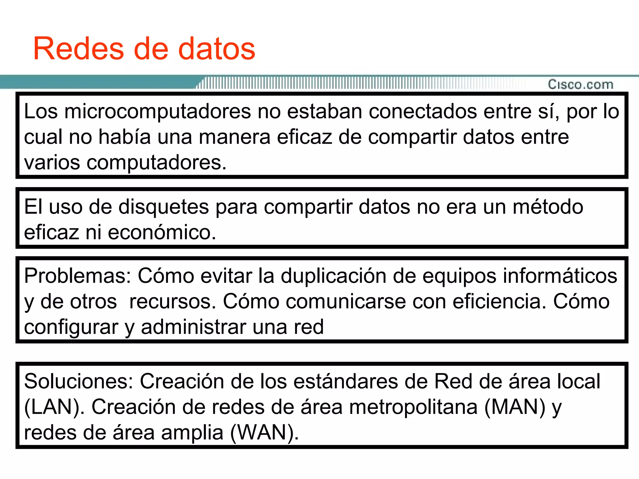 Redes de datos
Los microcomputadores no estaban conectados entre sí, por lo
cual no había una manera eficaz de compartir datos entre
varios computadores.

El uso de disquetes para compartir datos no era un método
eficaz ni económico.

Problemas: Cómo evitar la duplicación de equipos informáticos
y de otros recursos. Cómo comunicarse con eficiencia. Cómo
configurar y administrar una red

Soluciones: Creación de los estándares de Red de área local
(LAN). Creación de redes de área metropolitana (MAN) y
redes de área amplia (WAN).
 