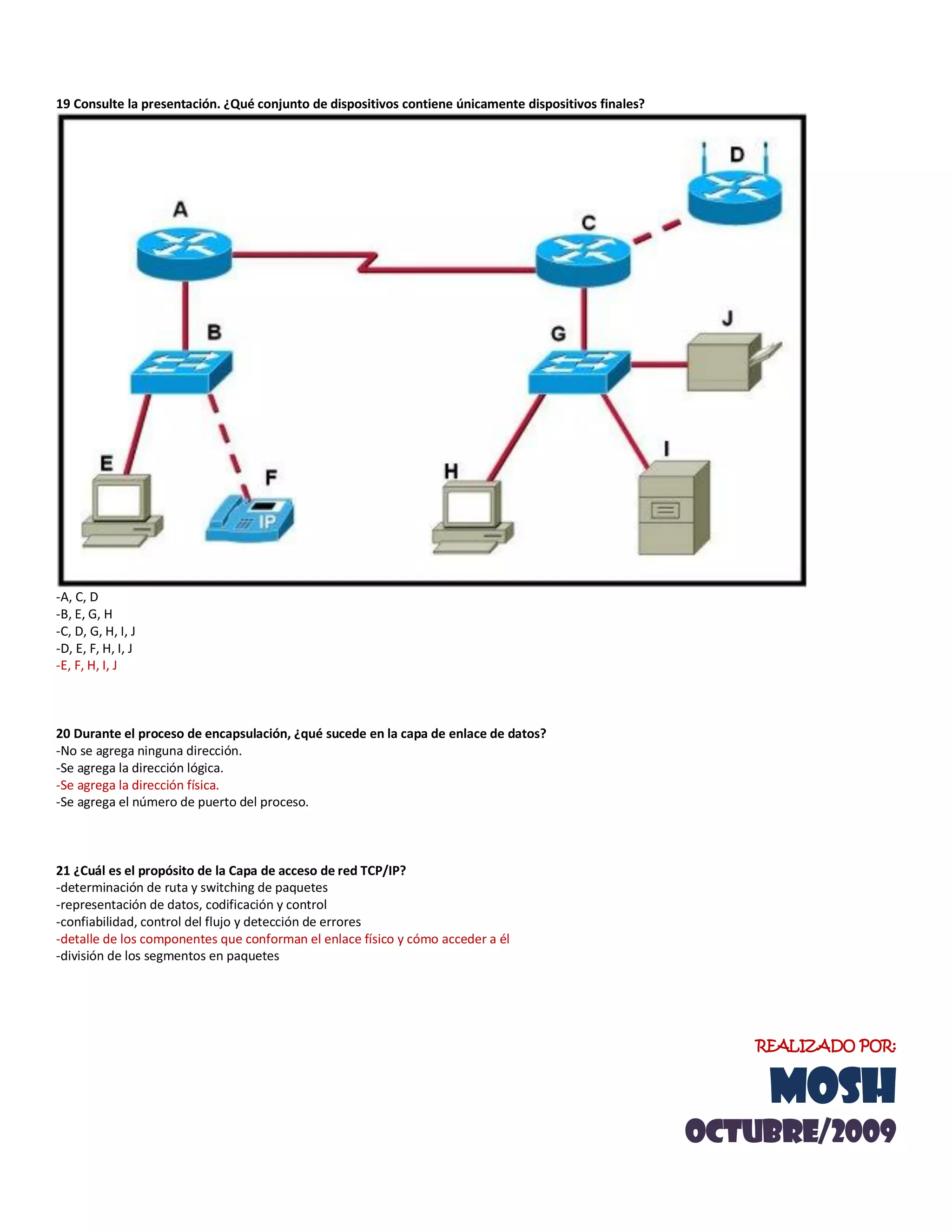 19 Consulte la presentación. ¿Qué conjunto de dispositivos contiene únicamente dispositivos finales?




-A, C, D
-B, E, G, H
-C, D, G, H, I, J
-D, E, F, H, I, J
-E, F, H, I, J



20 Durante el proceso de encapsulación, ¿qué sucede en la capa de enlace de datos?
-No se agrega ninguna dirección.
-Se agrega la dirección lógica.
-Se agrega la dirección física.
-Se agrega el número de puerto del proceso.



21 ¿Cuál es el propósito de la Capa de acceso de red TCP/IP?
-determinación de ruta y switching de paquetes
-representación de datos, codificación y control
-confiabilidad, control del flujo y detección de errores
-detalle de los componentes que conforman el enlace físico y cómo acceder a él
-división de los segmentos en paquetes




                                                                                                           REALIZADO POR:


                                                                                                            MOSH
                                                                                                       OCTUBRE/2009
 