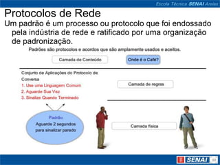 Protocolos de Rede
Um padrão é um processo ou protocolo que foi endossado
 pela indústria de rede e ratificado por uma organização
 de padronização.
 