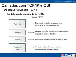 Camadas com TCP/IP e OSI
 Descrever o Modelo TCP/IP
   Modelo aberto constituído de RFCs.
 