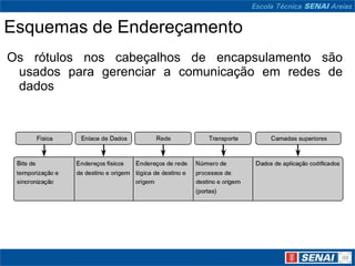 Esquemas de Endereçamento
Os rótulos nos cabeçalhos de encapsulamento são
 usados para gerenciar a comunicação em redes de
 dados
 