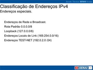 Classificação de Endereços IPv4
Endereços especiais.


  Endereços de Rede e Broadcast.
  Rota Padrão 0.0.0.0/8
  Loopback (127.0.0.0/8)
  Endereços Locais de Link (169.254.0.0/16)
  Endereços TEST-NET (192.0.2.0 /24)
 