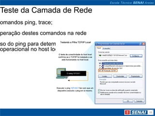 Teste da Camada de Rede
omandos ping, trace;
peração destes comandos na rede
so do ping para determinar se o protocolo IP é
operacional no host local
 