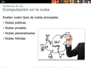 Presentation_ID 36
© 2008 Cisco Systems, Inc. Todoslosderechosreservados. Información confidencial deCisco
Tendencias de red
Computación en la nube
Existen cuatro tipos de nubes principales:
 Nubes públicas
 Nubes privadas
 Nubes personalizadas
 Nubes híbridas
 