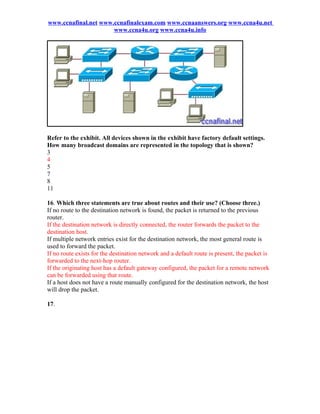 www.ccnafinal.net www.ccnafinalexam.com www.ccnaanswers.org www.ccna4u.net
                      www.ccna4u.org www.ccna4u.info




Refer to the exhibit. All devices shown in the exhibit have factory default settings.
How many broadcast domains are represented in the topology that is shown?
3
4
5
7
8
11

16. Which three statements are true about routes and their use? (Choose three.)
If no route to the destination network is found, the packet is returned to the previous
router.
If the destination network is directly connected, the router forwards the packet to the
destination host.
If multiple network entries exist for the destination network, the most general route is
used to forward the packet.
If no route exists for the destination network and a default route is present, the packet is
forwarded to the next-hop router.
If the originating host has a default gateway configured, the packet for a remote network
can be forwarded using that route.
If a host does not have a route manually configured for the destination network, the host
will drop the packet.

17.
 