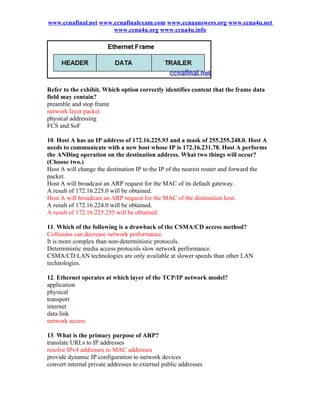 www.ccnafinal.net www.ccnafinalexam.com www.ccnaanswers.org www.ccna4u.net
                      www.ccna4u.org www.ccna4u.info




Refer to the exhibit. Which option correctly identifies content that the frame data
field may contain?
preamble and stop frame
network layer packet
physical addressing
FCS and SoF

10. Host A has an IP address of 172.16.225.93 and a mask of 255.255.248.0. Host A
needs to communicate with a new host whose IP is 172.16.231.78. Host A performs
the ANDing operation on the destination address. What two things will occur?
(Choose two.)
Host A will change the destination IP to the IP of the nearest router and forward the
packet.
Host A will broadcast an ARP request for the MAC of its default gateway.
A result of 172.16.225.0 will be obtained.
Host A will broadcast an ARP request for the MAC of the destination host.
A result of 172.16.224.0 will be obtained.
A result of 172.16.225.255 will be obtained.

11. Which of the following is a drawback of the CSMA/CD access method?
Collisions can decrease network performance.
It is more complex than non-deterministic protocols.
Deterministic media access protocols slow network performance.
CSMA/CD LAN technologies are only available at slower speeds than other LAN
technologies.

12. Ethernet operates at which layer of the TCP/IP network model?
application
physical
transport
internet
data link
network access

13. What is the primary purpose of ARP?
translate URLs to IP addresses
resolve IPv4 addresses to MAC addresses
provide dynamic IP configuration to network devices
convert internal private addresses to external public addresses
 