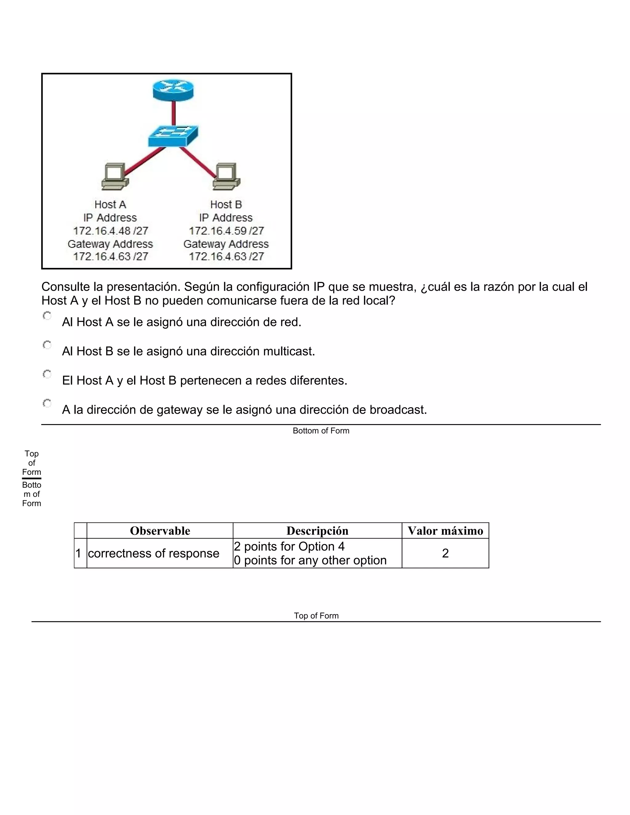 Consulte la presentación. Según la configuración IP que se muestra, ¿cuál es la razón por la cual el
Host A y el Host B no pueden comunicarse fuera de la red local?
Al Host A se le asignó una dirección de red.
Al Host B se le asignó una dirección multicast.
El Host A y el Host B pertenecen a redes diferentes.
A la dirección de gateway se le asignó una dirección de broadcast.
Bottom of Form
Top
of
Form
Botto
m of
Form
Observable Descripción Valor máximo
1 correctness of response
2 points for Option 4
0 points for any other option
2
Top of Form
 