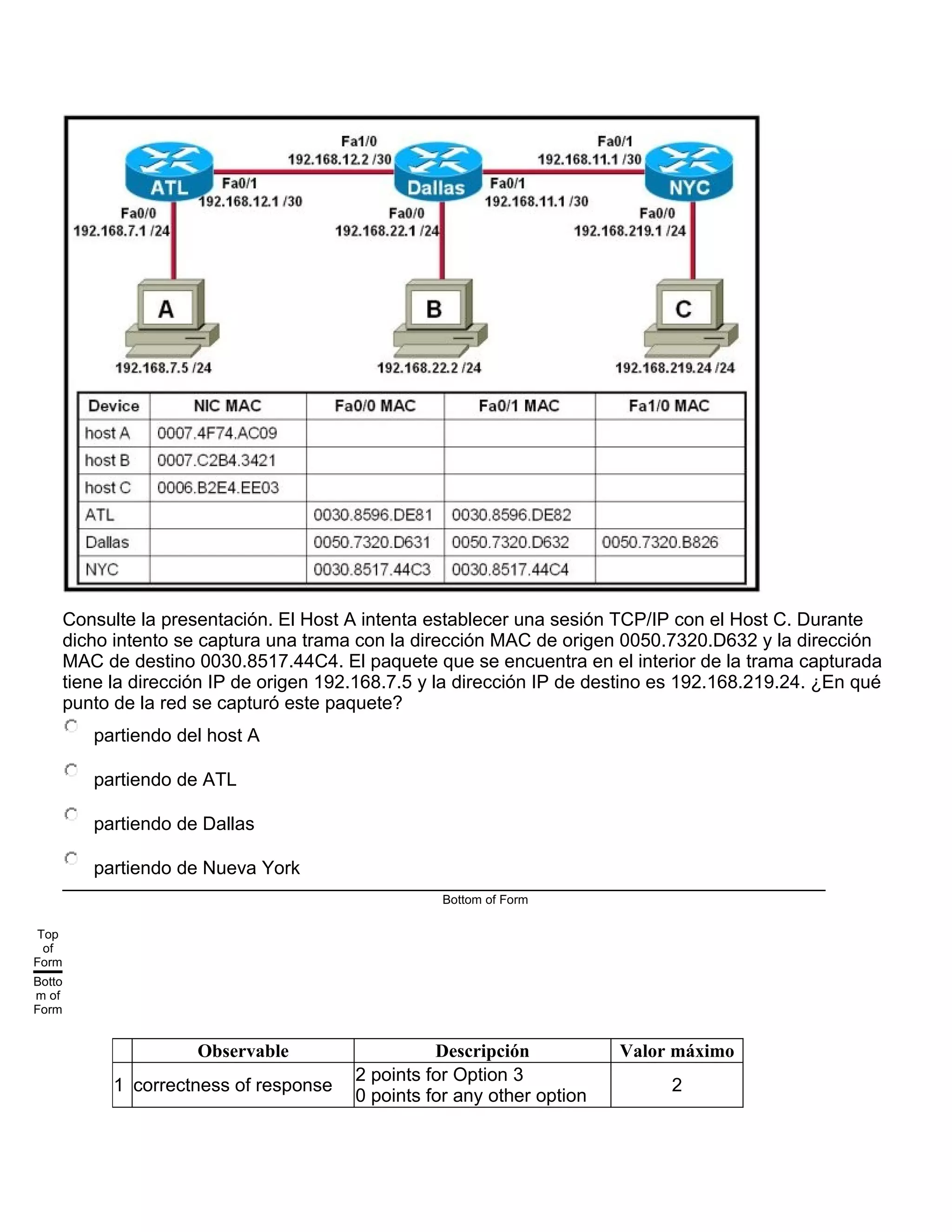 Consulte la presentación. El Host A intenta establecer una sesión TCP/IP con el Host C. Durante
dicho intento se captura una trama con la dirección MAC de origen 0050.7320.D632 y la dirección
MAC de destino 0030.8517.44C4. El paquete que se encuentra en el interior de la trama capturada
tiene la dirección IP de origen 192.168.7.5 y la dirección IP de destino es 192.168.219.24. ¿En qué
punto de la red se capturó este paquete?
partiendo del host A
partiendo de ATL
partiendo de Dallas
partiendo de Nueva York
Bottom of Form
Top
of
Form
Botto
m of
Form
Observable Descripción Valor máximo
1 correctness of response
2 points for Option 3
0 points for any other option
2
 