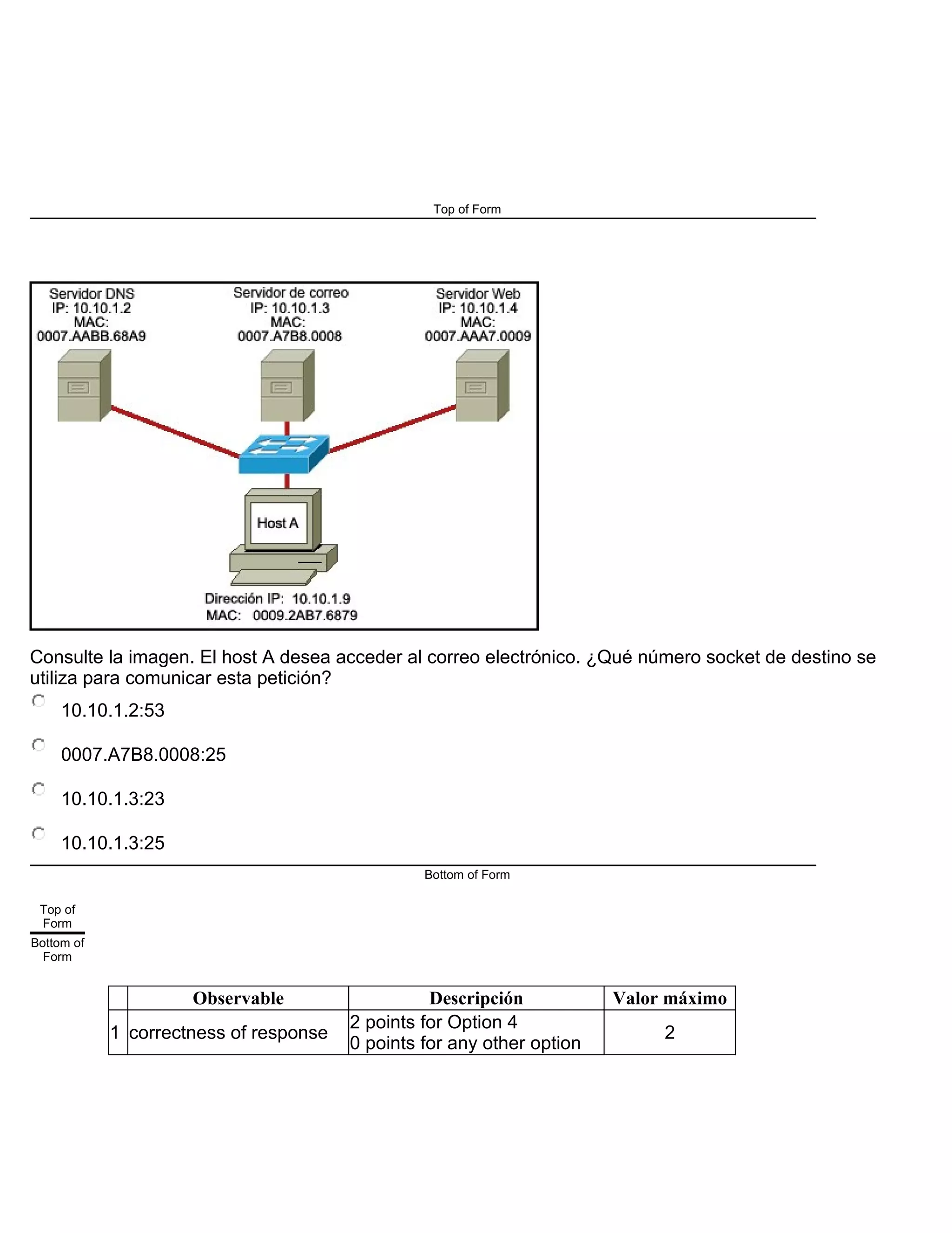 Top of Form
Consulte la imagen. El host A desea acceder al correo electrónico. ¿Qué número socket de destino se
utiliza para comunicar esta petición?
10.10.1.2:53
0007.A7B8.0008:25
10.10.1.3:23
10.10.1.3:25
Bottom of Form
Top of
Form
Bottom of
Form
Observable Descripción Valor máximo
1 correctness of response
2 points for Option 4
0 points for any other option
2
 